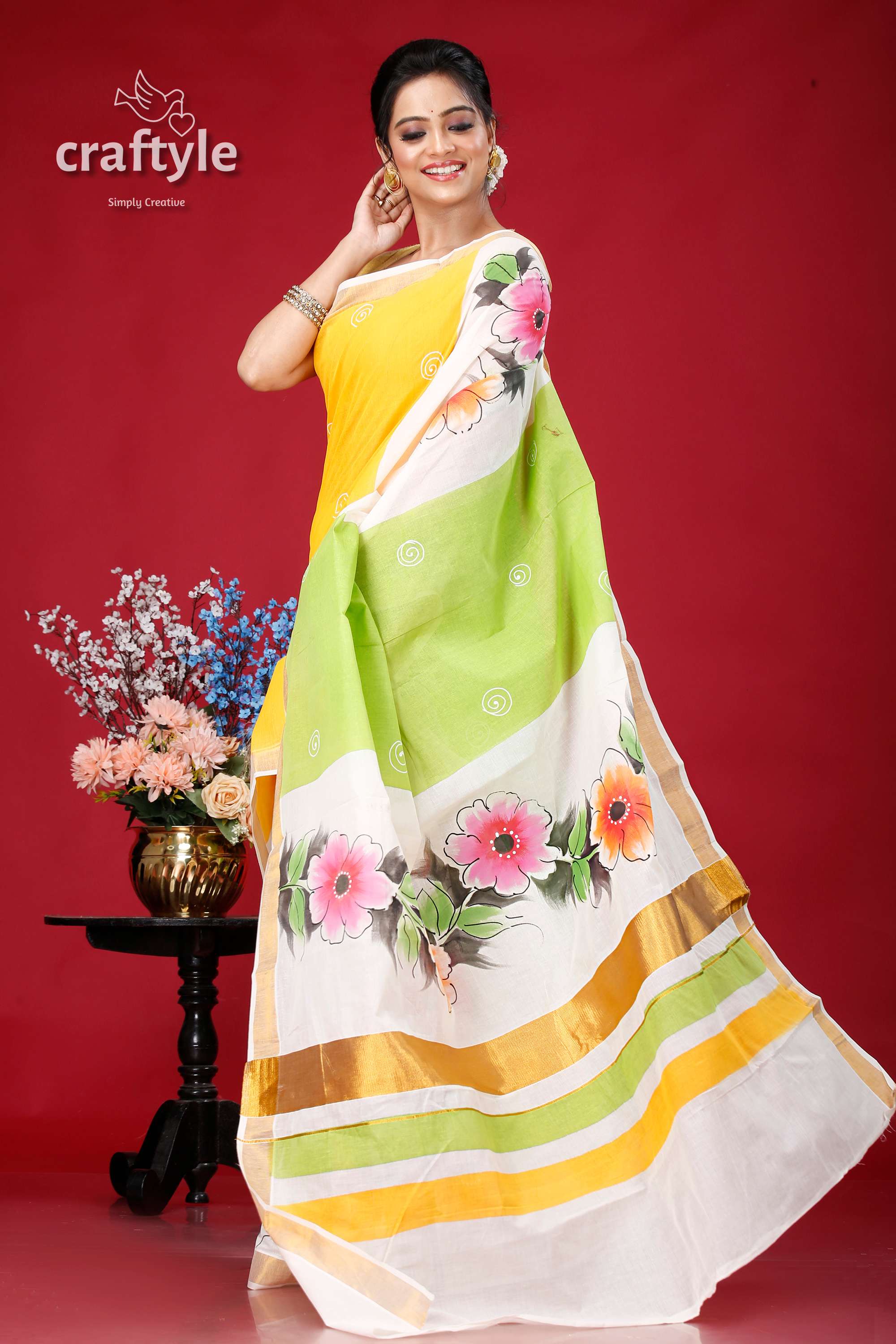 Hand Painted Kerala Cotton Saree with Floral Motif - Perfect for Any Occasion - Craftyle