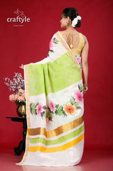 Hand Painted Kerala Cotton Saree with Floral Motif - Perfect for Any Occasion - Craftyle