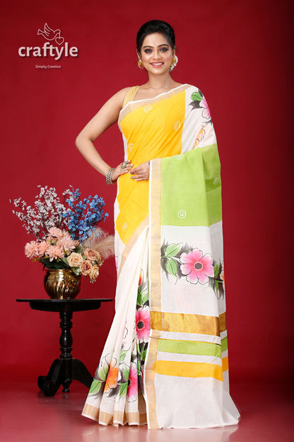 Hand Painted Kerala Cotton Saree with Floral Motif - Perfect for Any Occasion - Craftyle