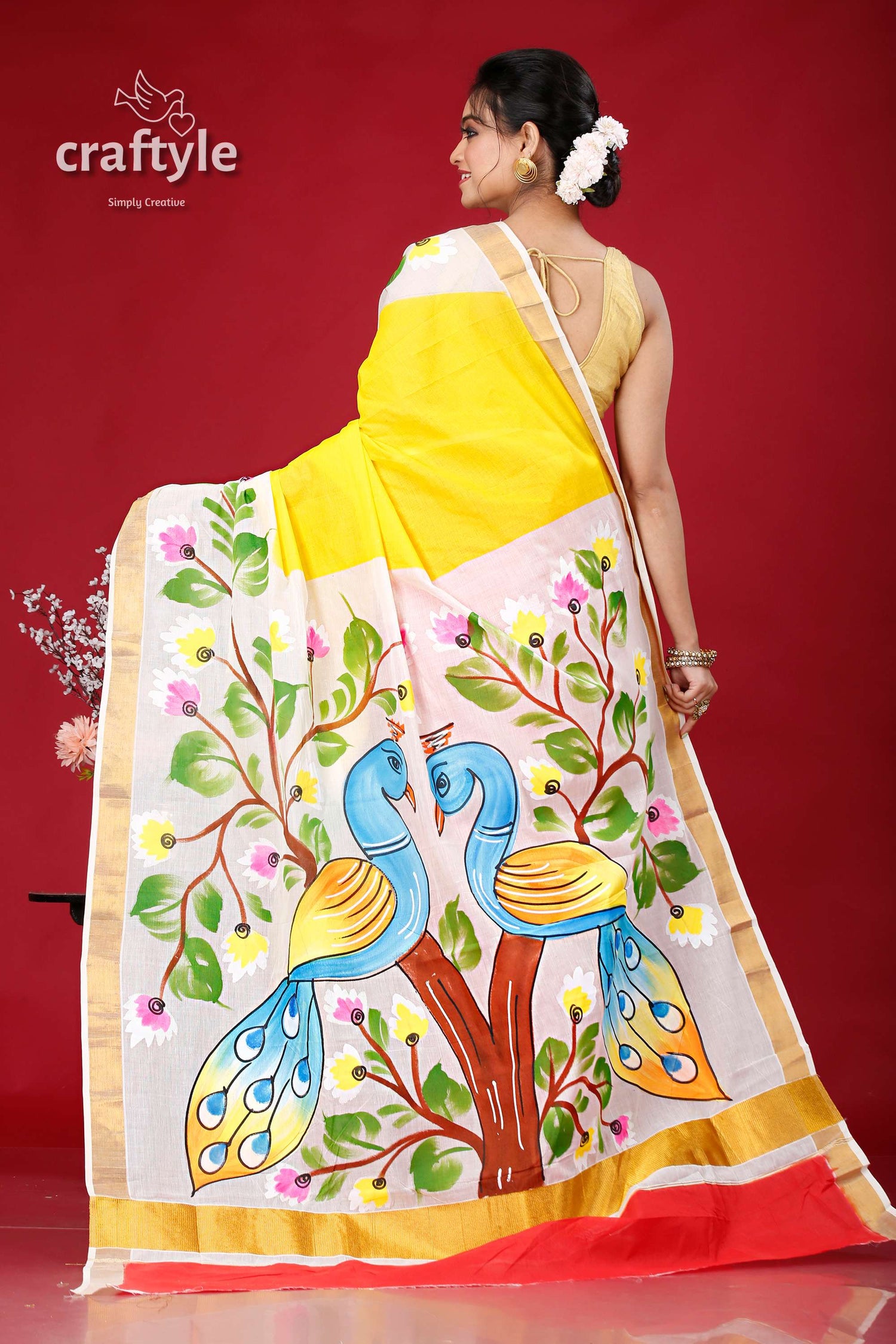 Hand Painted Kerala Cotton Saree with Peacock Design - Craftyle