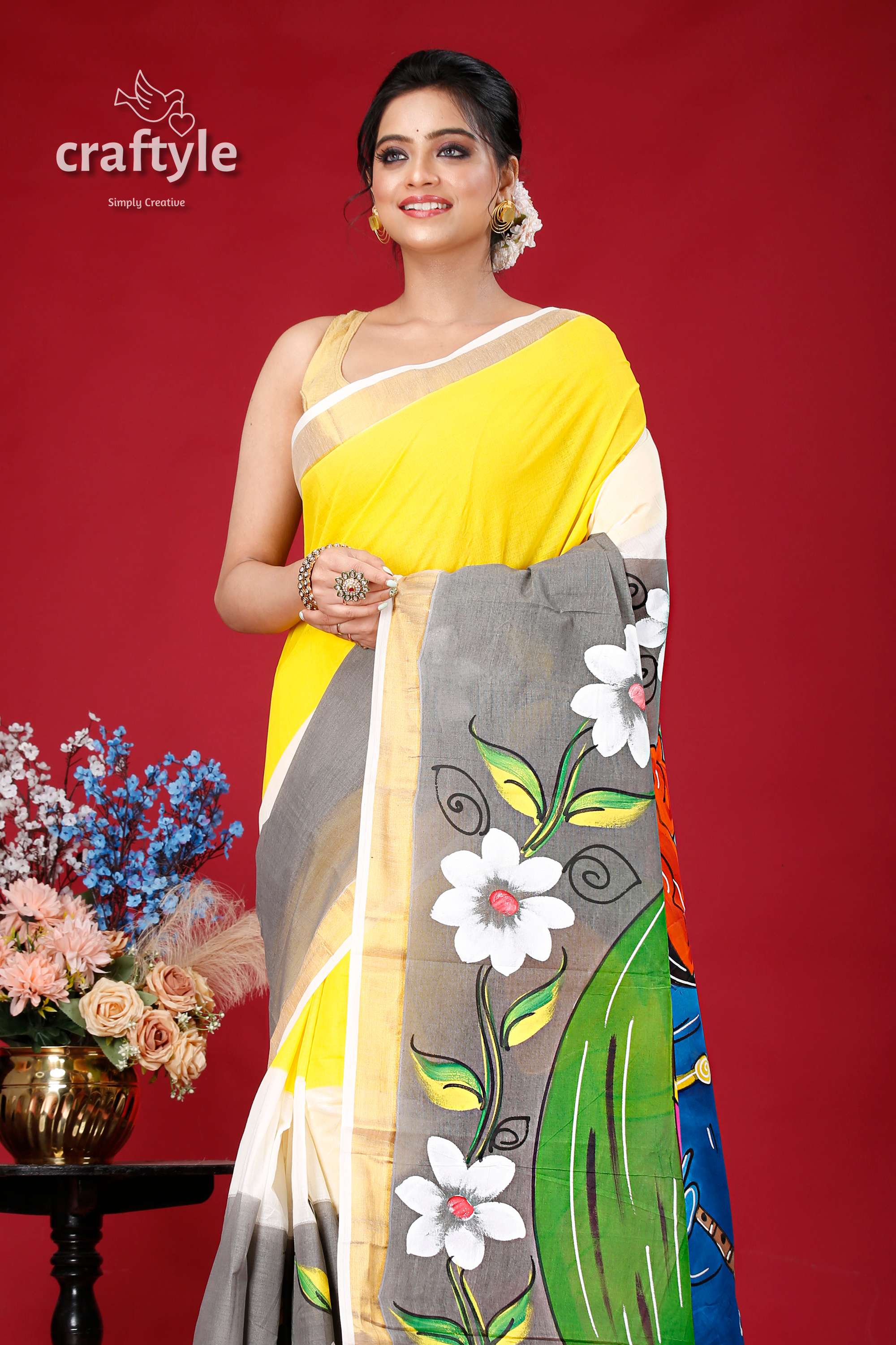 Hand-Painted Kerala Cotton Saree with Radha Krishna Design - Craftyle