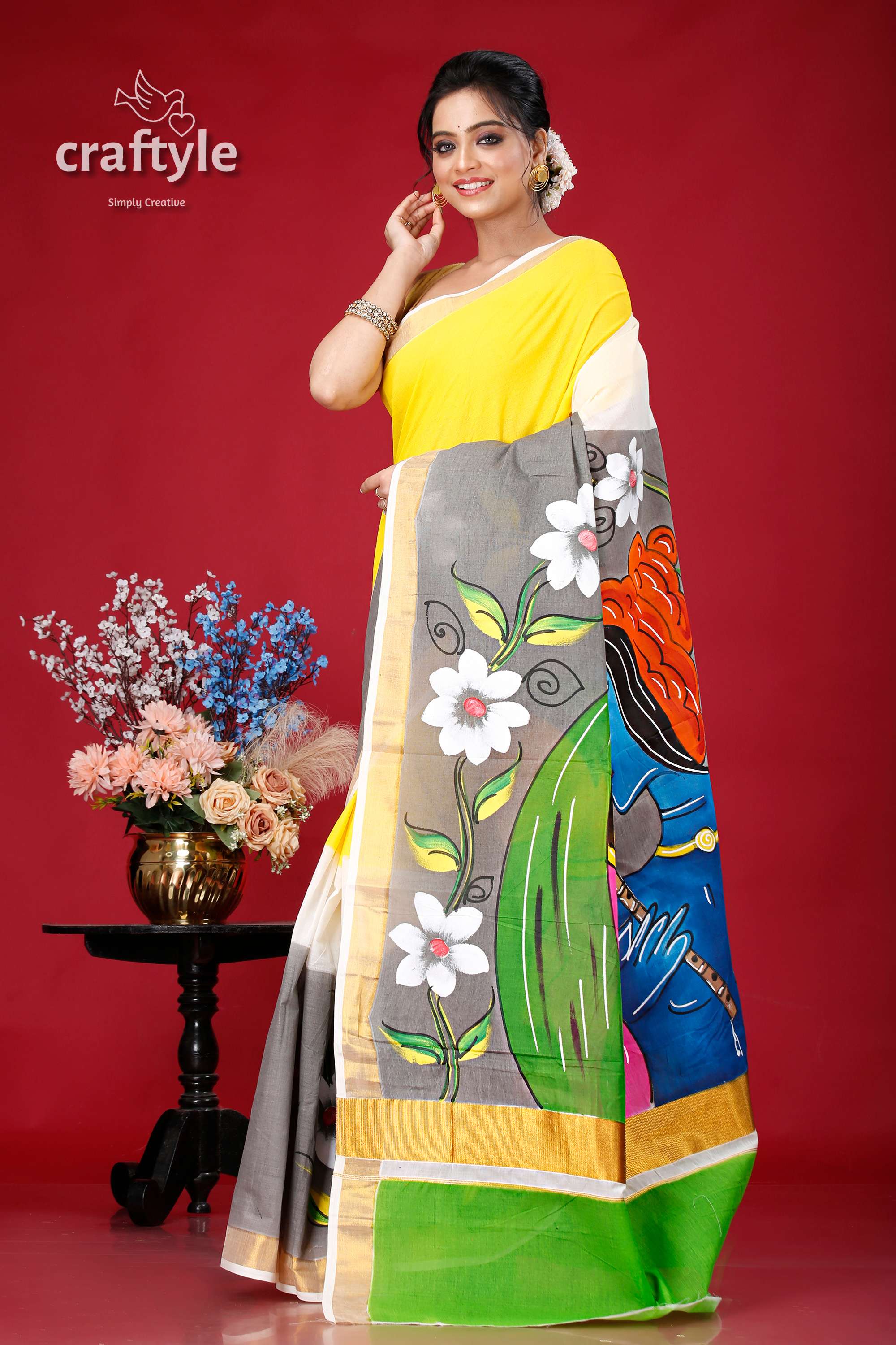 Hand-Painted Kerala Cotton Saree with Radha Krishna Design - Craftyle