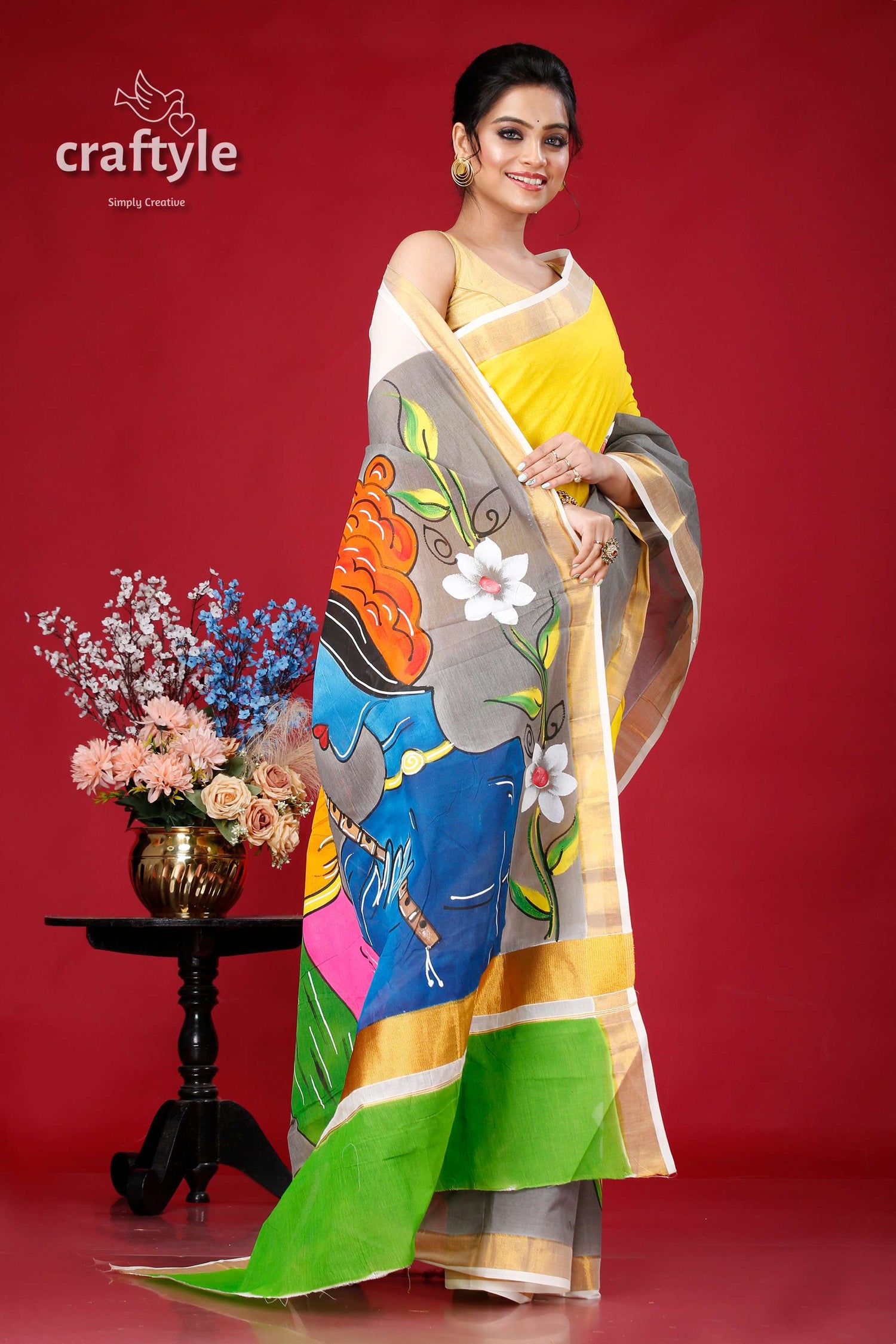 Hand-Painted Kerala Cotton Saree with Radha Krishna Design - Craftyle