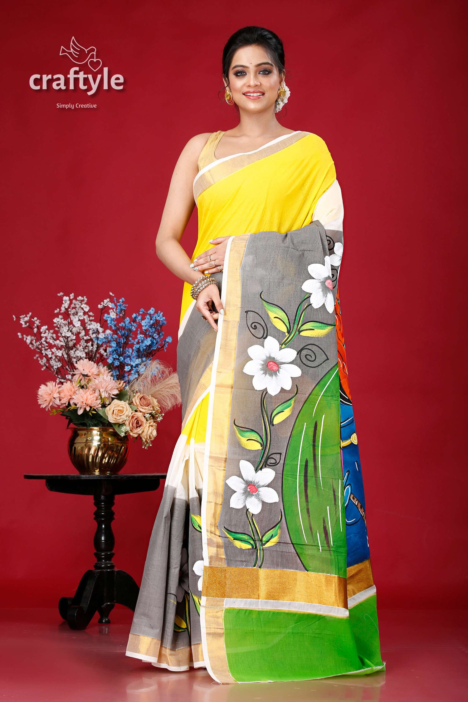 Hand-Painted Kerala Cotton Saree with Radha Krishna Design - Craftyle