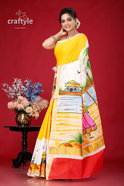 Hand-Painted Kerala Cotton Saree with Village Theme Design - Craftyle