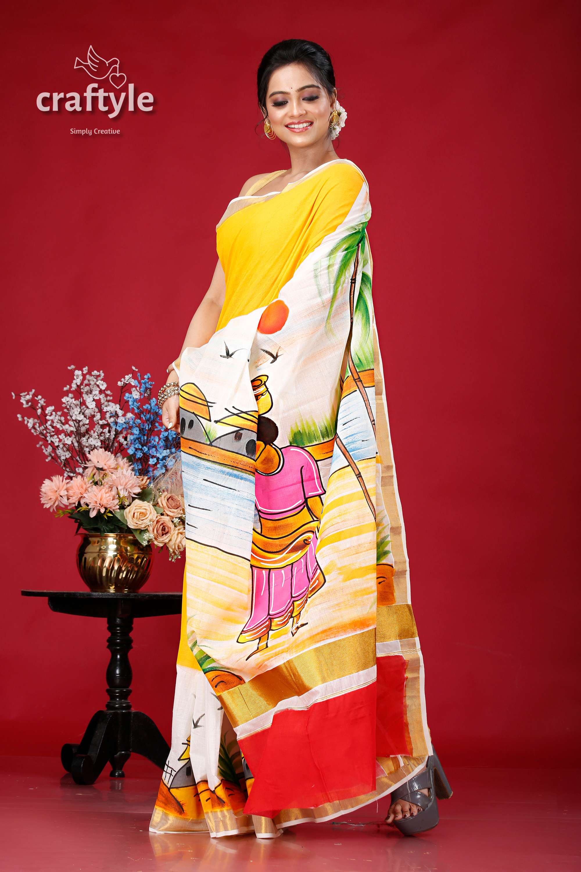 Hand-Painted Kerala Cotton Saree with Village Theme Design - Craftyle