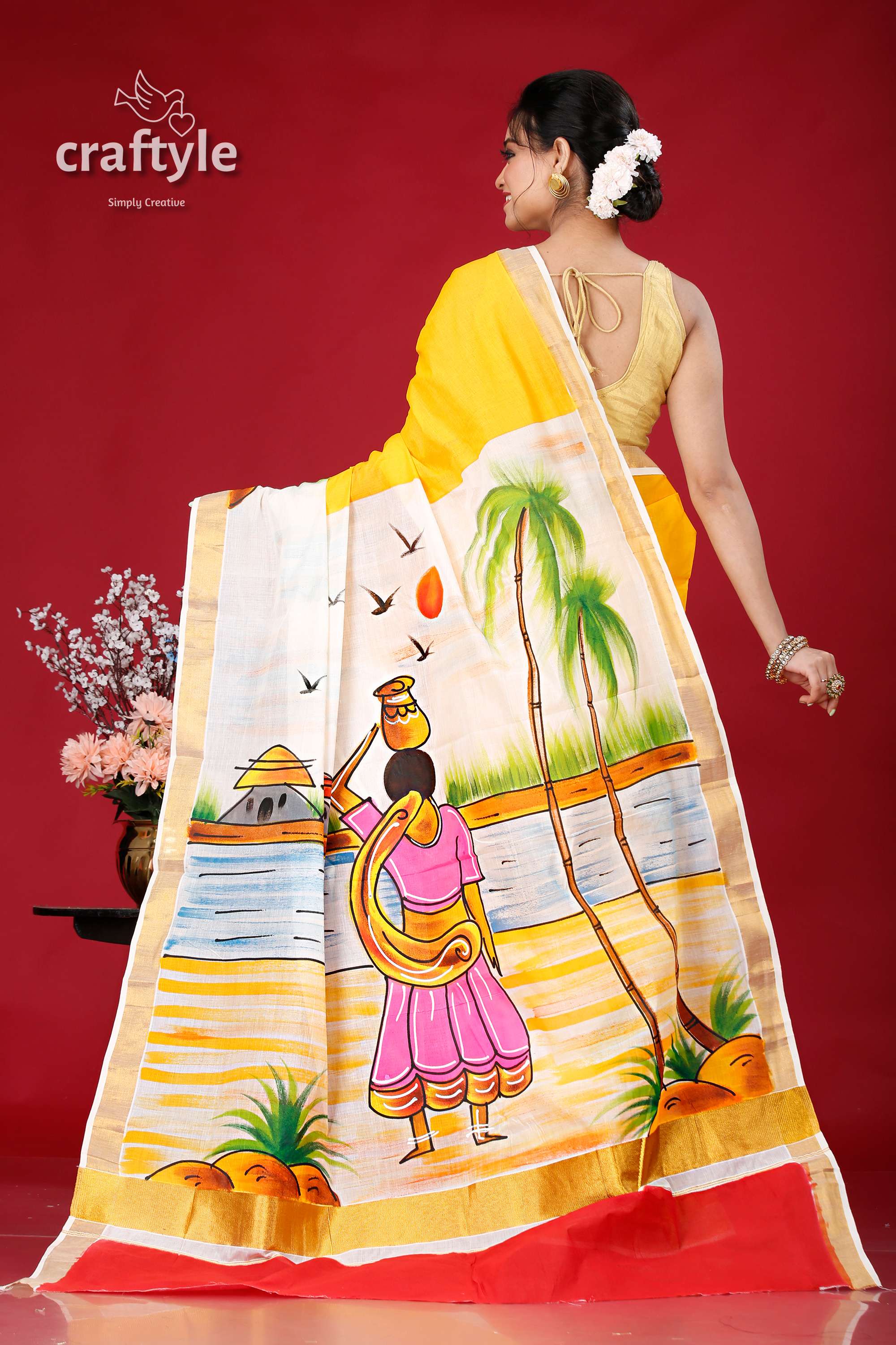 Hand-Painted Kerala Cotton Saree with Village Theme Design - Craftyle