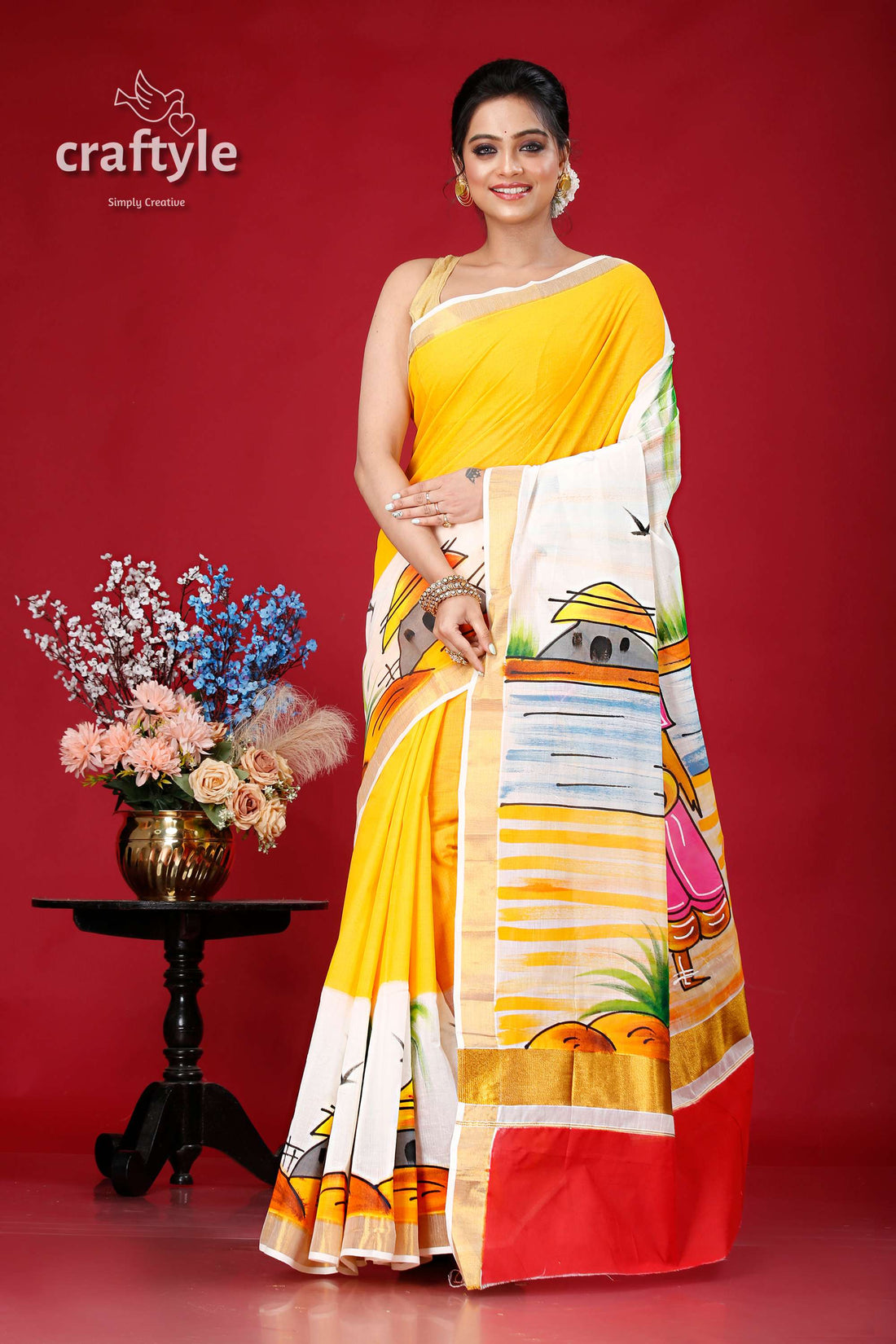 Hand-Painted Kerala Cotton Saree with Village Theme Design - Craftyle