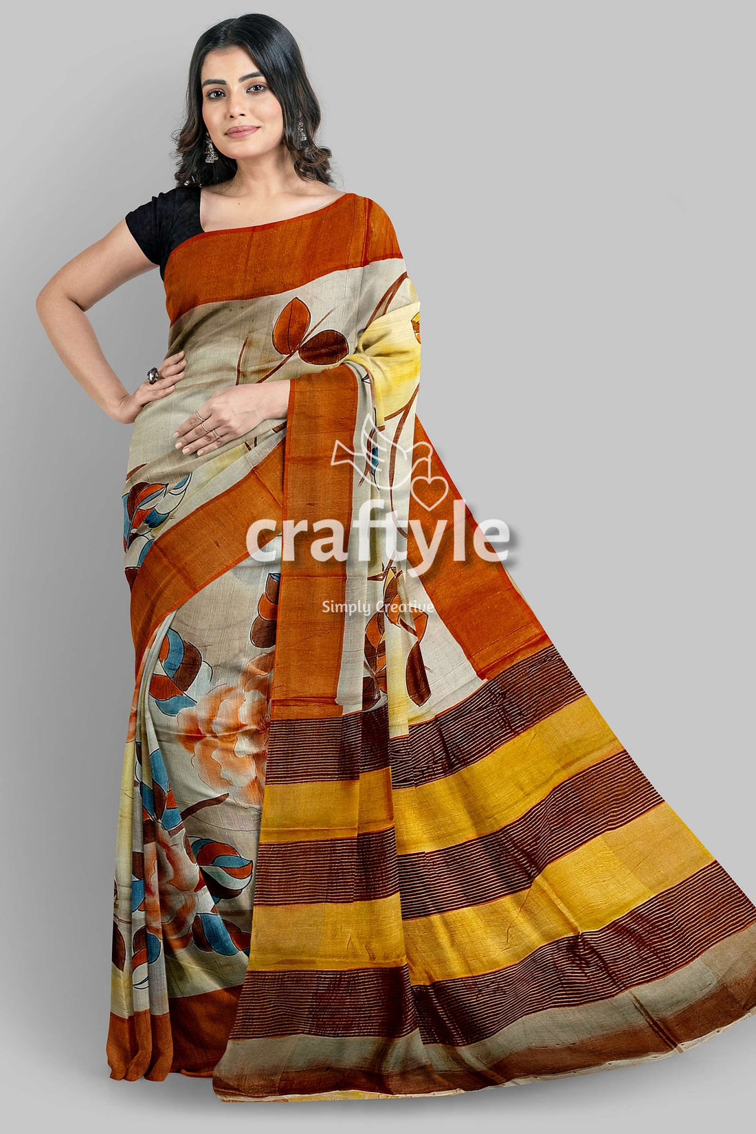 Hand Painted Light Grey Floral Pure Tussar Saree with Zari Detailing - Craftyle