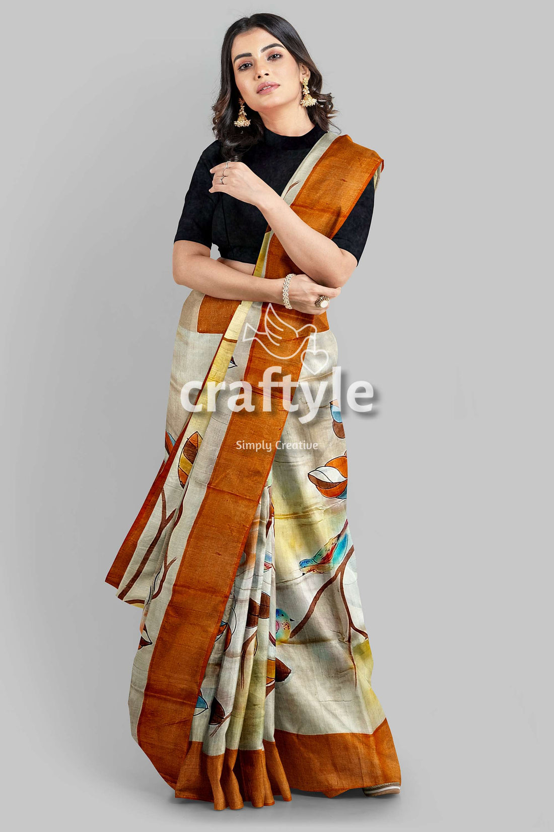 Hand Painted Light Grey Floral Pure Tussar Saree with Zari Detailing - Craftyle