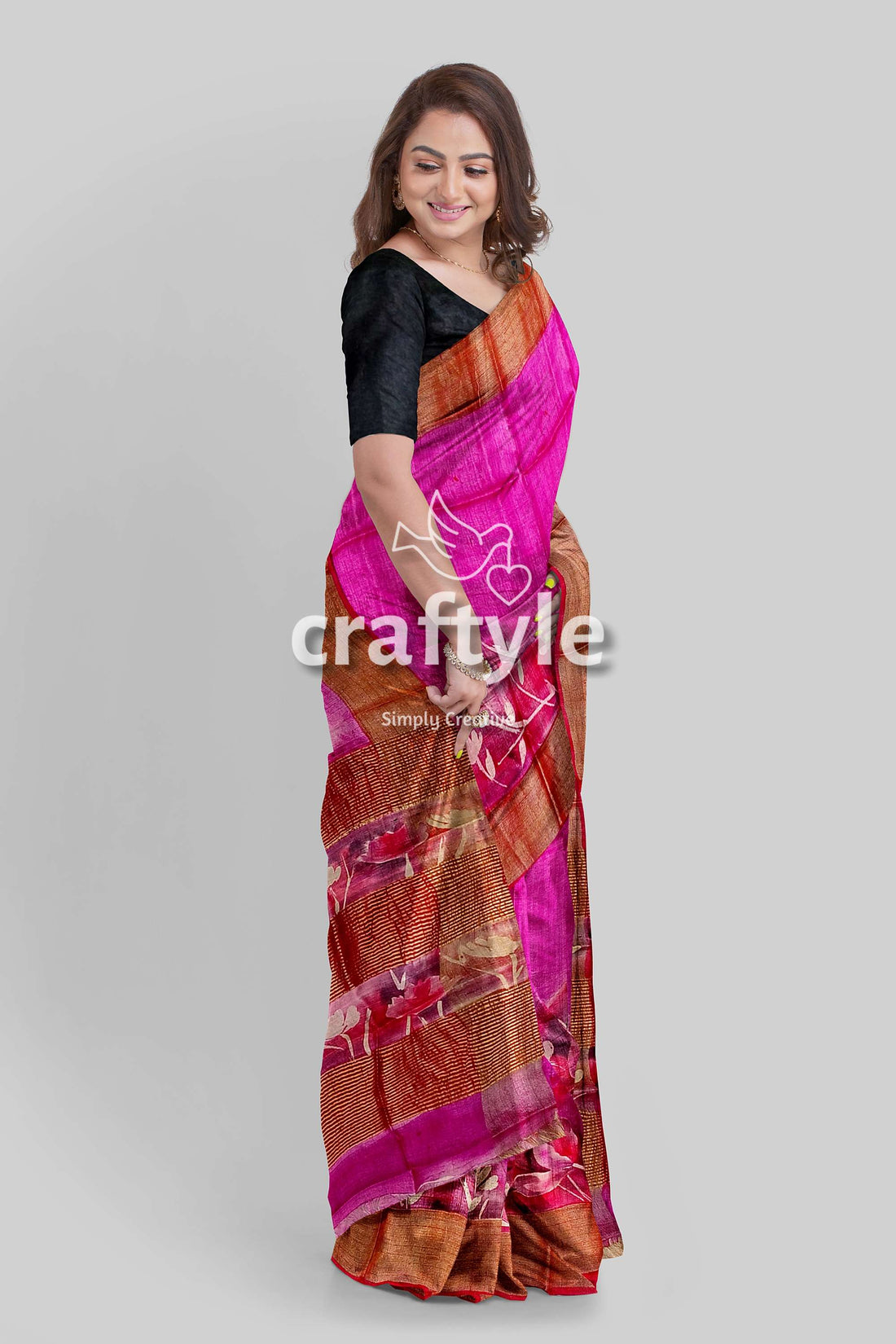 Hand Painted Magenta Zari Pure Tussar Silk Saree - Luxurious Indian Attire - Craftyle