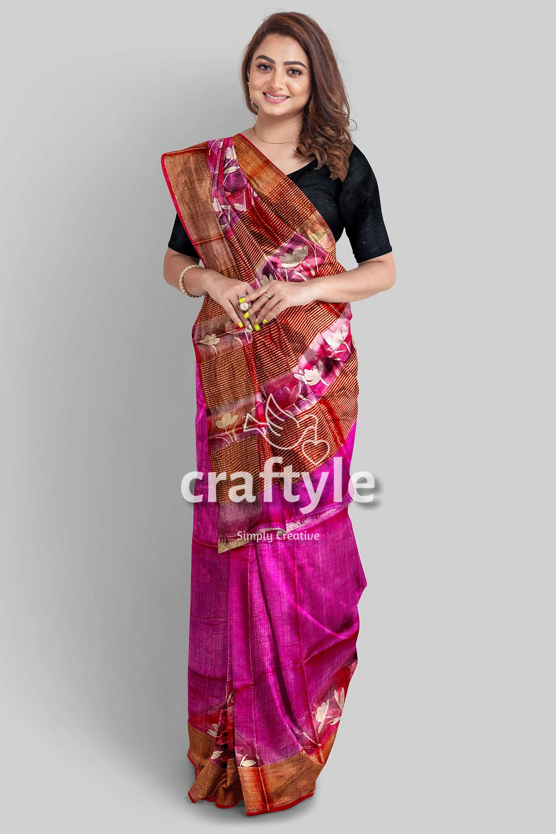 Hand Painted Magenta Zari Pure Tussar Silk Saree - Luxurious Indian Attire - Craftyle