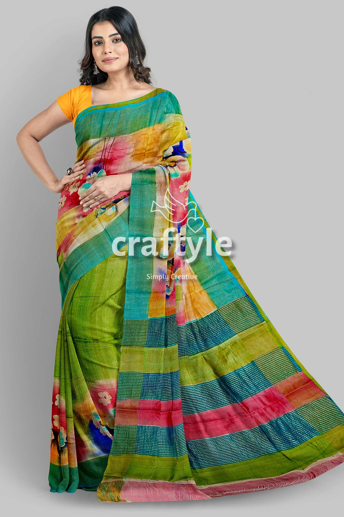 Hand-Painted Multicolor Zari Pure Tussar Silk Saree - Vibrant Android Green - Craftyle