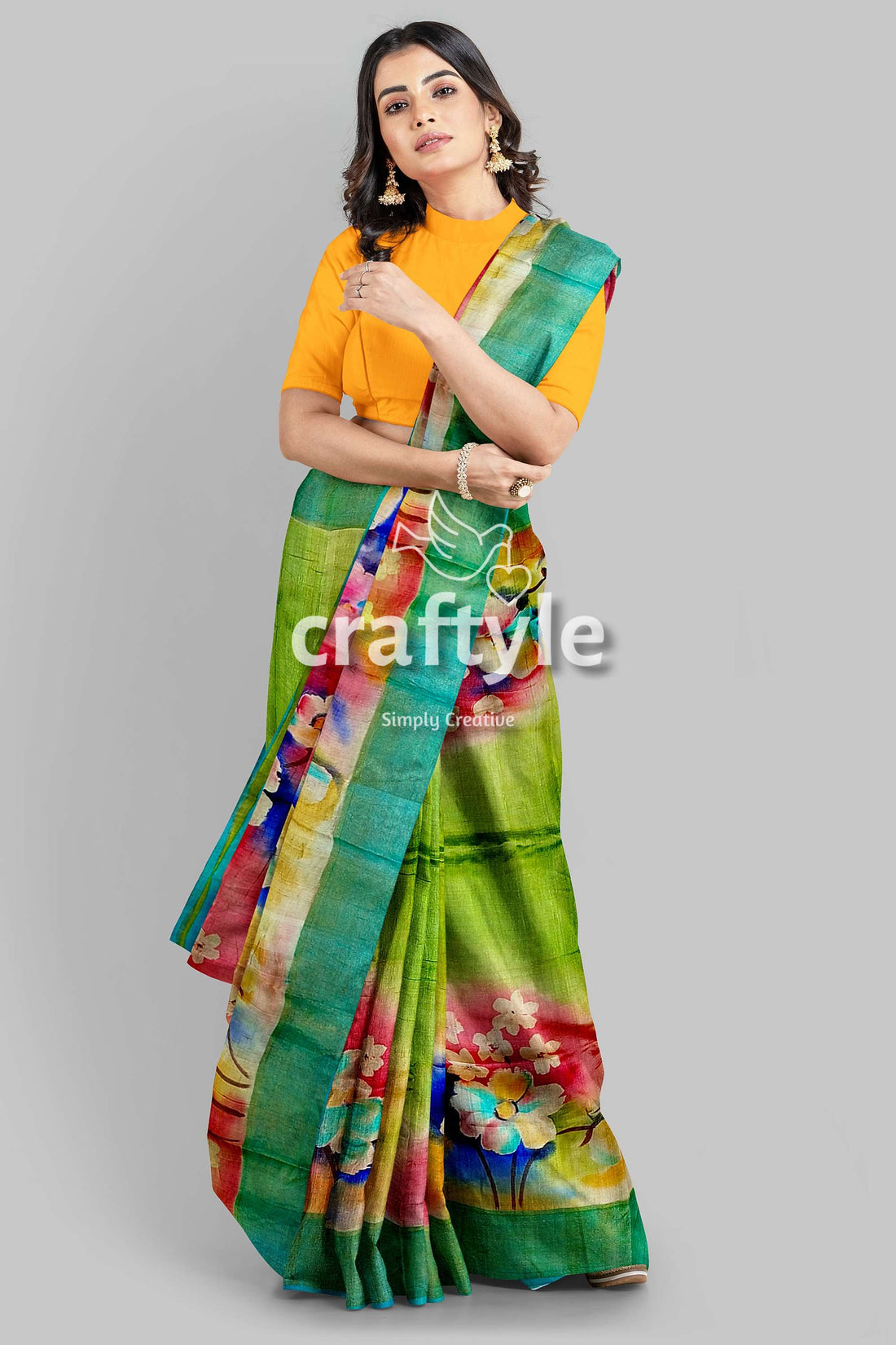 Hand-Painted Multicolor Zari Pure Tussar Silk Saree - Vibrant Android Green - Craftyle