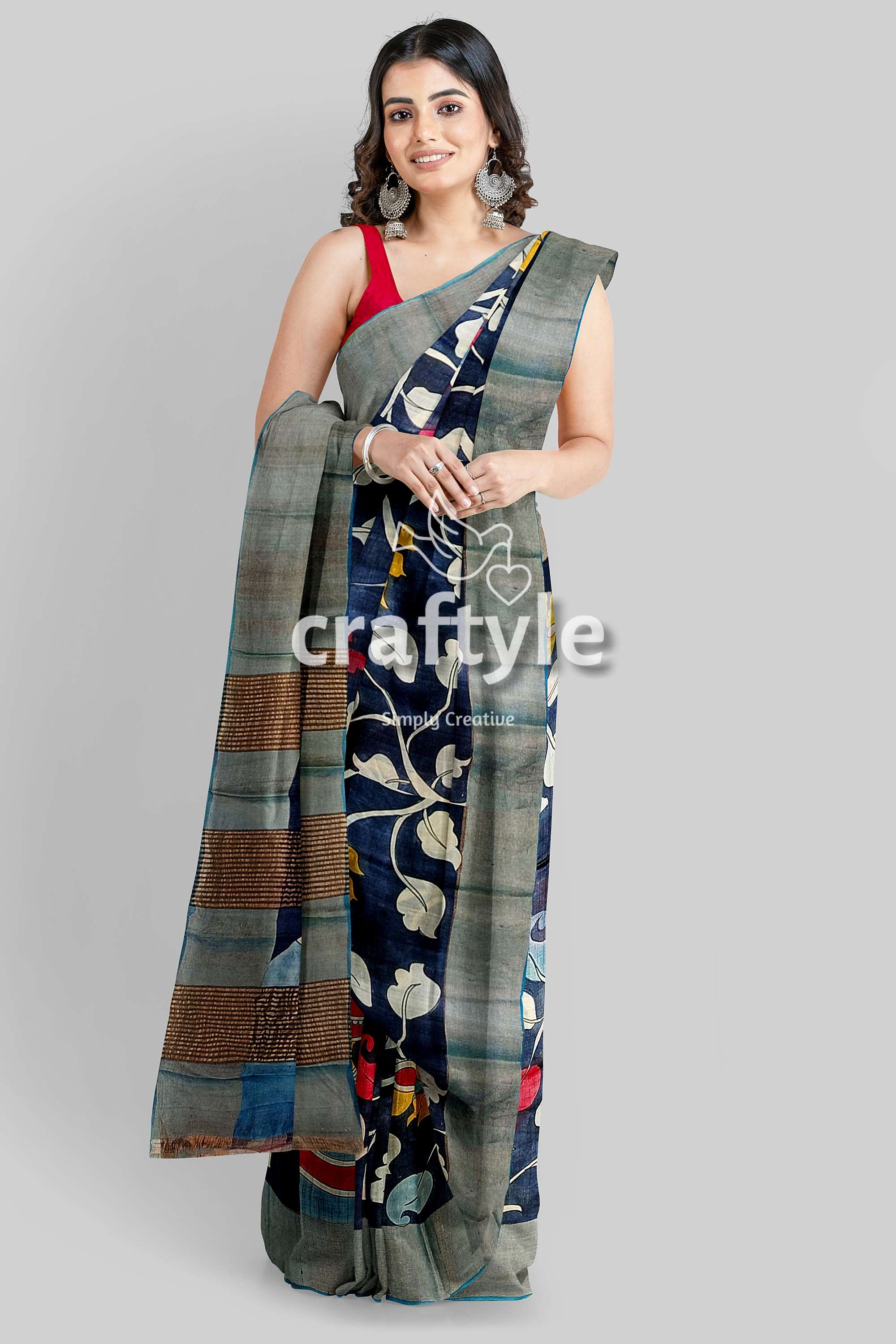 Hand Painted Onyx Black Pure Tussar Kalamkari Sari with Zari Border - Craftyle