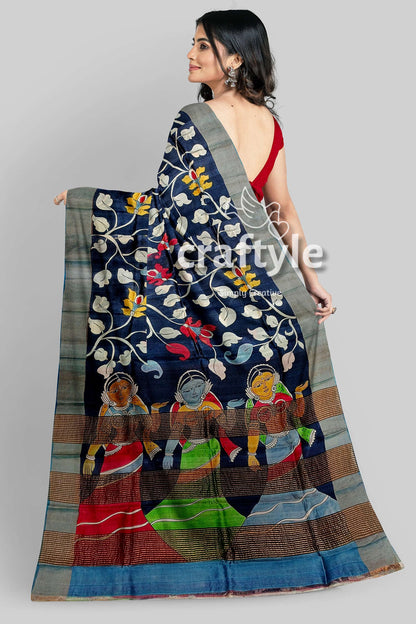 Hand Painted Onyx Black Pure Tussar Kalamkari Sari with Zari Border - Craftyle