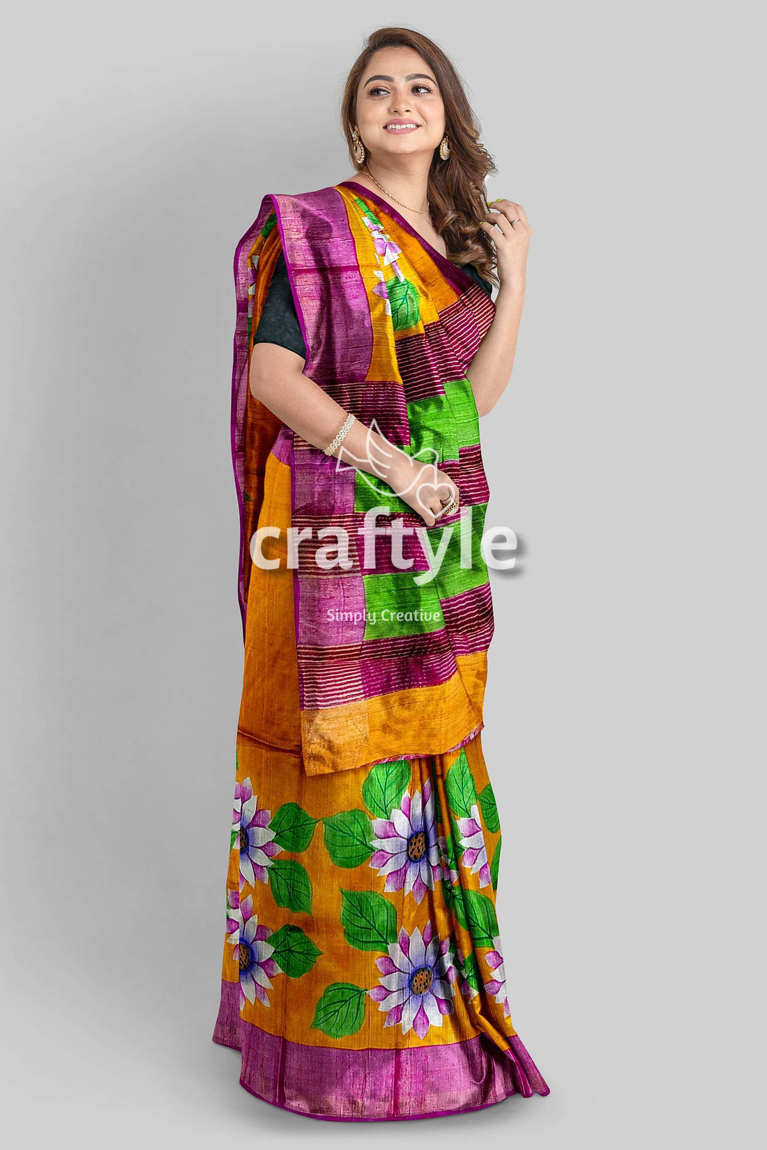 Hand Painted Orange Zari Pure Tussar Silk Saree with Floral Design - Craftyle