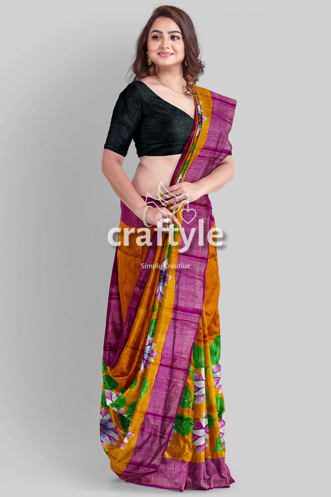 Hand Painted Orange Zari Pure Tussar Silk Saree with Floral Design - Craftyle