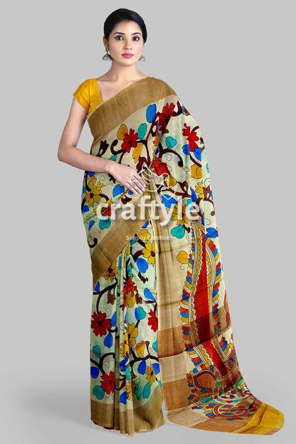 Hand Painted Pearl Bush Sari with Pure Tussar Kalamkari Designs - Zari Border - Craftyle