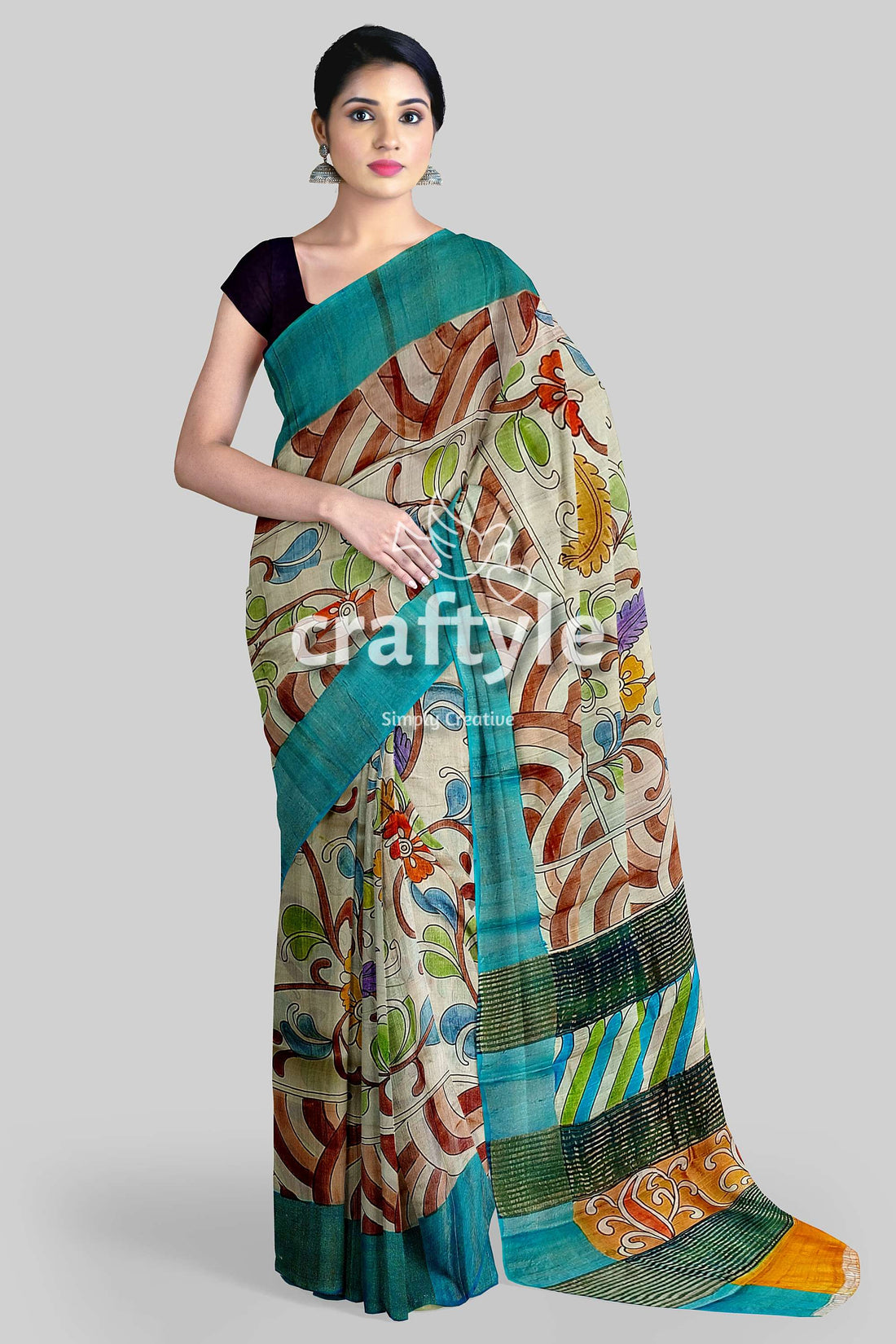 Hand Painted Pure Tussar Kalamkari Saree with Zari Border - Artisan Crafted - Craftyle