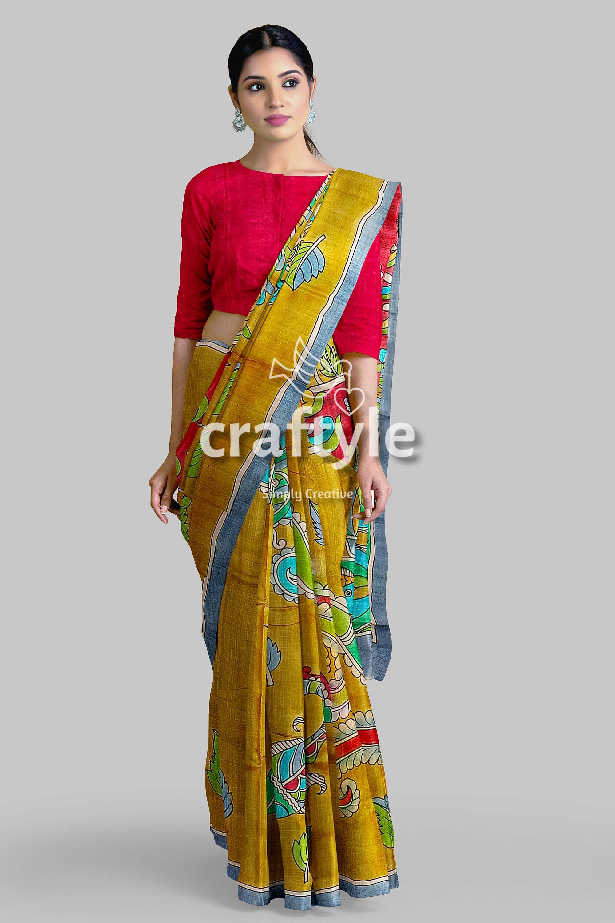 Hand Painted Pure Tussar Kalamkari Saree with Zari Border - Dark Golden - Craftyle