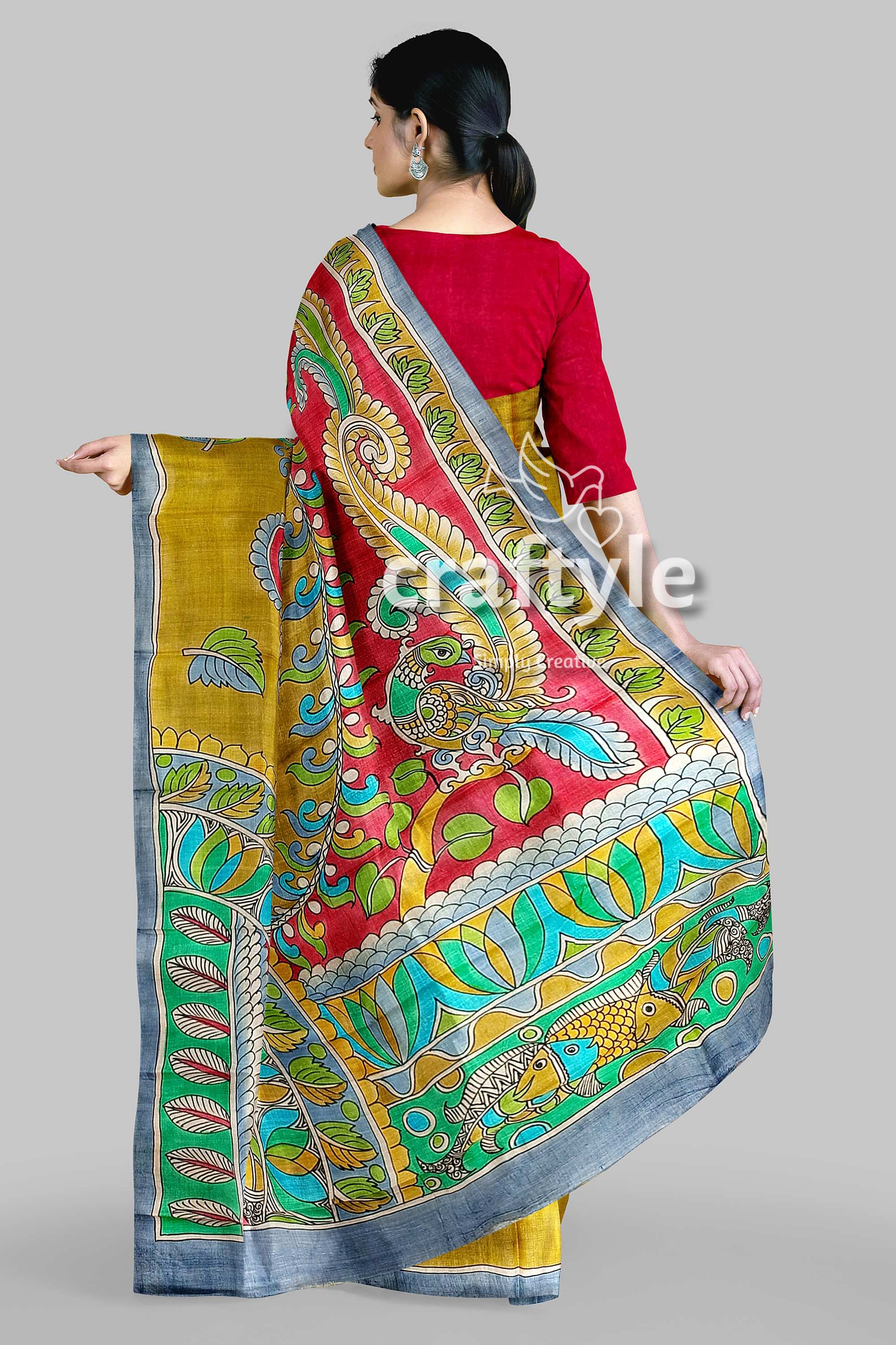 Hand Painted Pure Tussar Kalamkari Saree with Zari Border - Dark Golden - Craftyle