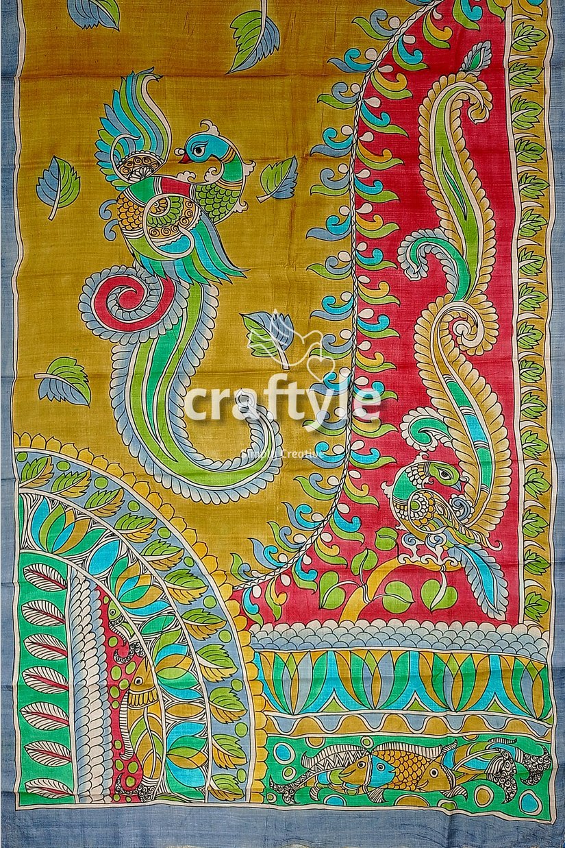 Hand Painted Pure Tussar Kalamkari Saree with Zari Border - Dark Golden - Craftyle