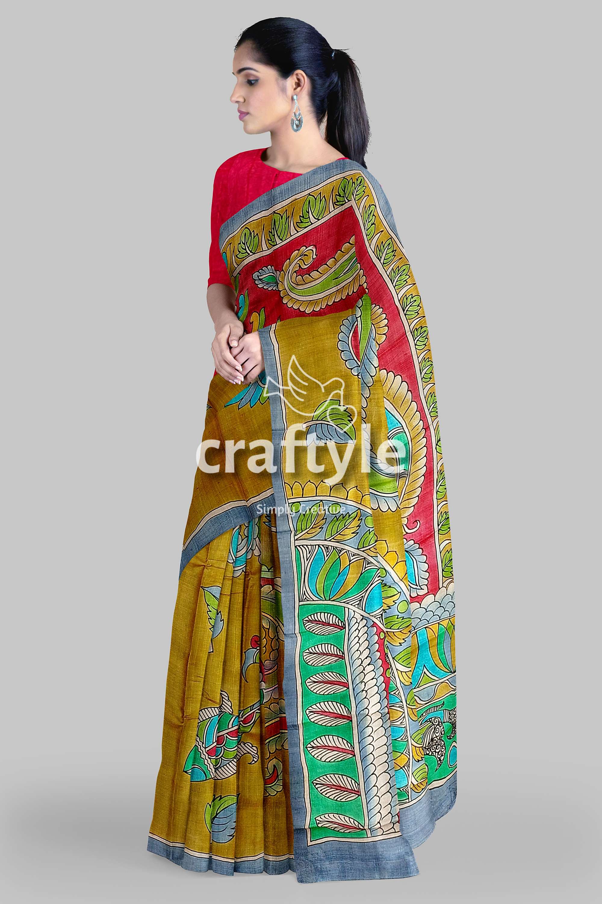 Hand Painted Pure Tussar Kalamkari Saree with Zari Border - Dark Golden - Craftyle