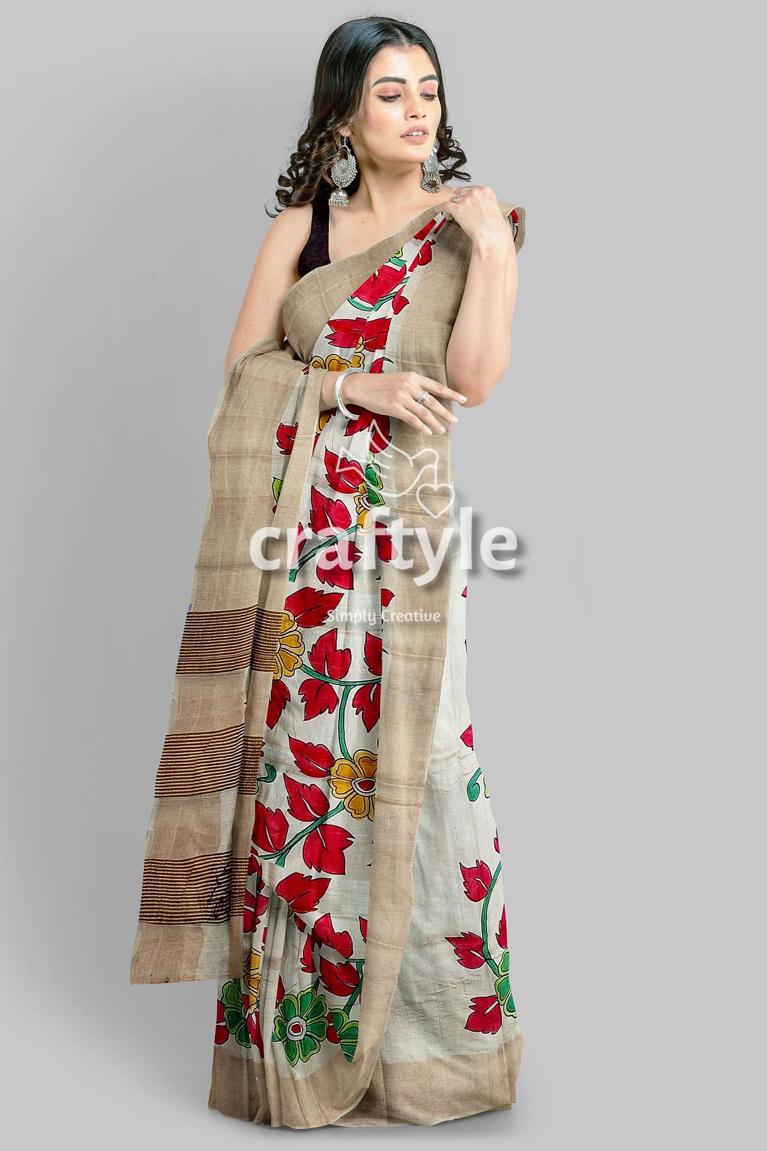 Hand Painted Pure Tussar Kalamkari Saree with Zari Border - Red Leaf Design - Craftyle