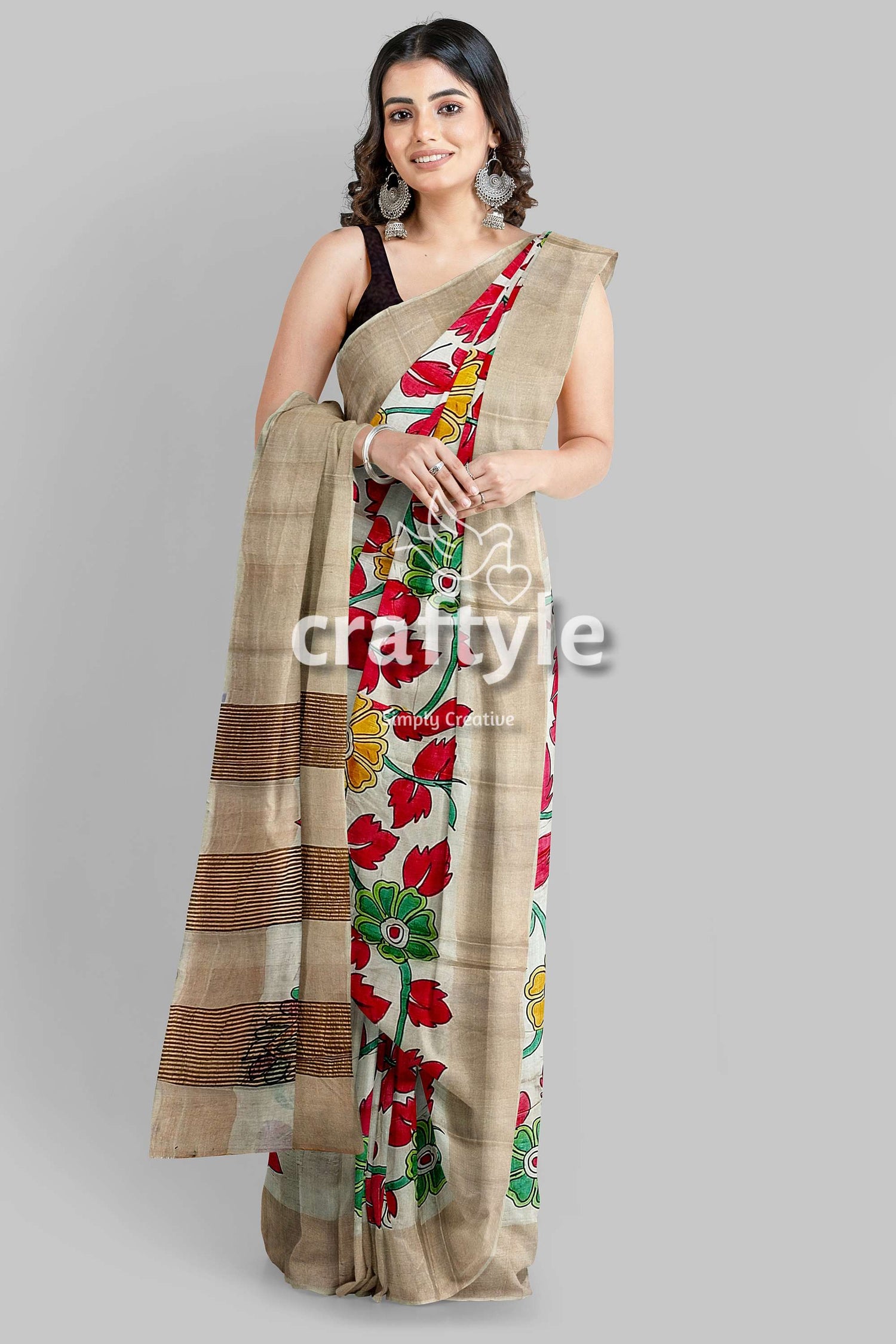 Hand Painted Pure Tussar Kalamkari Saree with Zari Border - Red Leaf Design - Craftyle