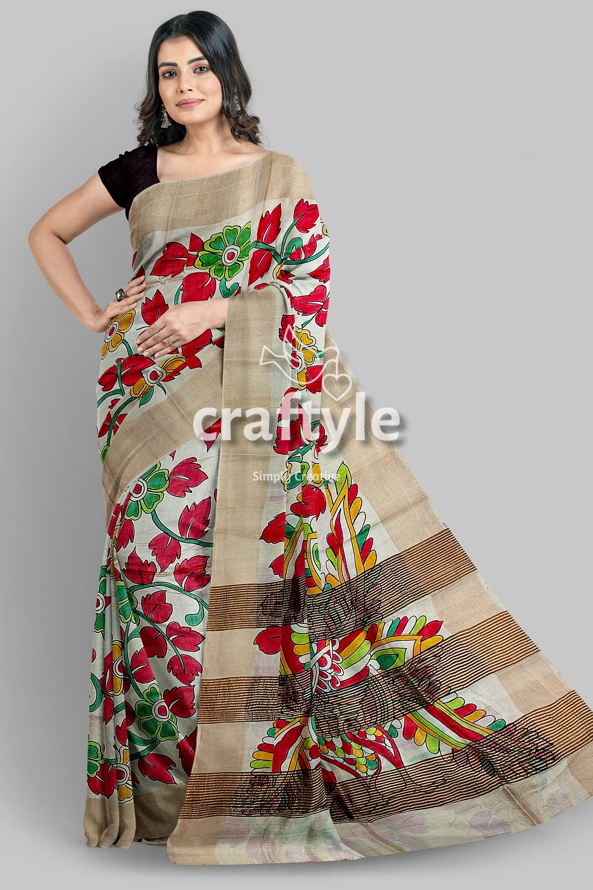 Hand Painted Pure Tussar Kalamkari Saree with Zari Border - Red Leaf Design - Craftyle