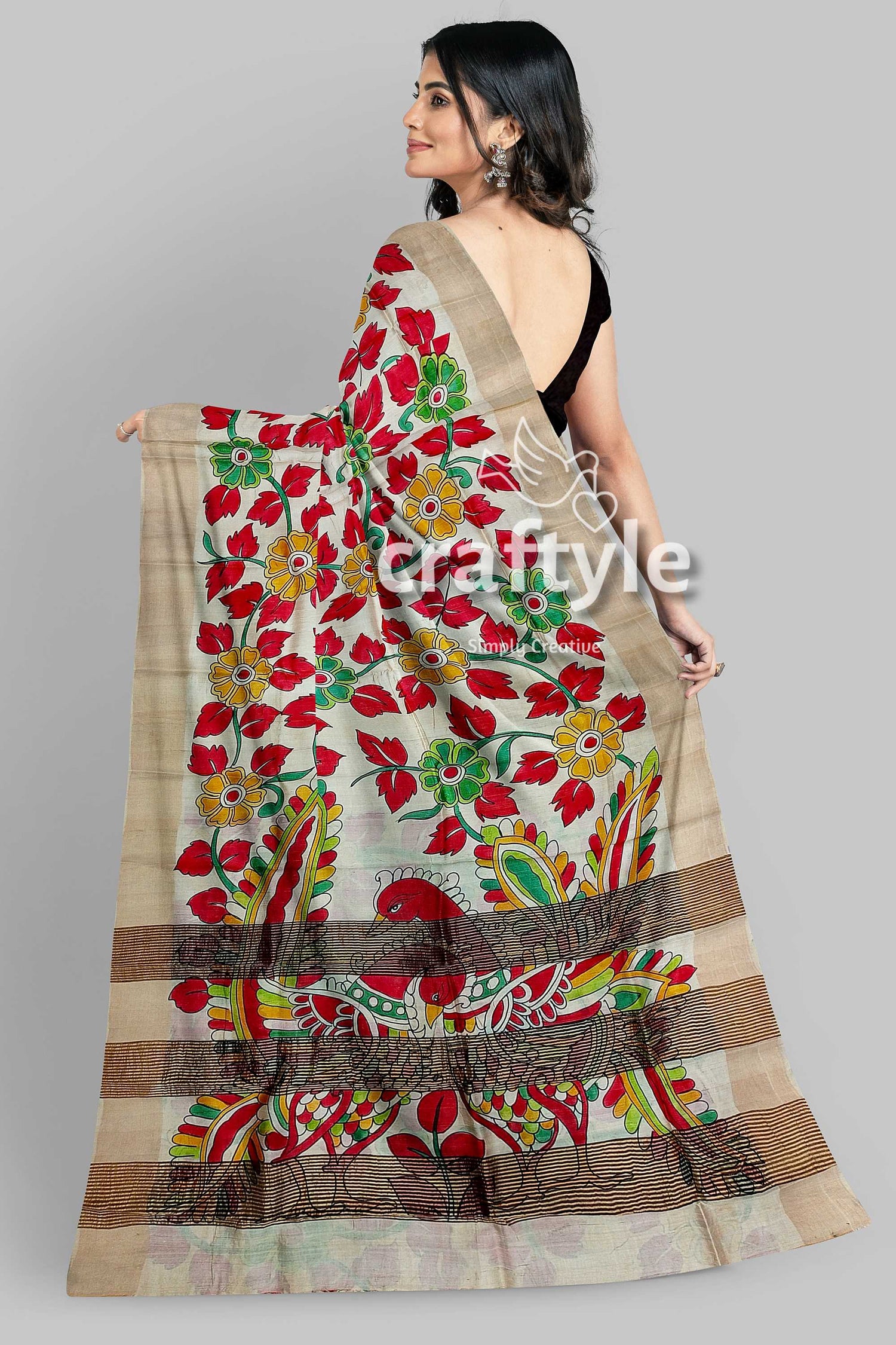 Hand Painted Pure Tussar Kalamkari Saree with Zari Border - Red Leaf Design - Craftyle