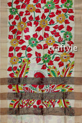 Hand Painted Pure Tussar Kalamkari Saree with Zari Border - Red Leaf Design - Craftyle