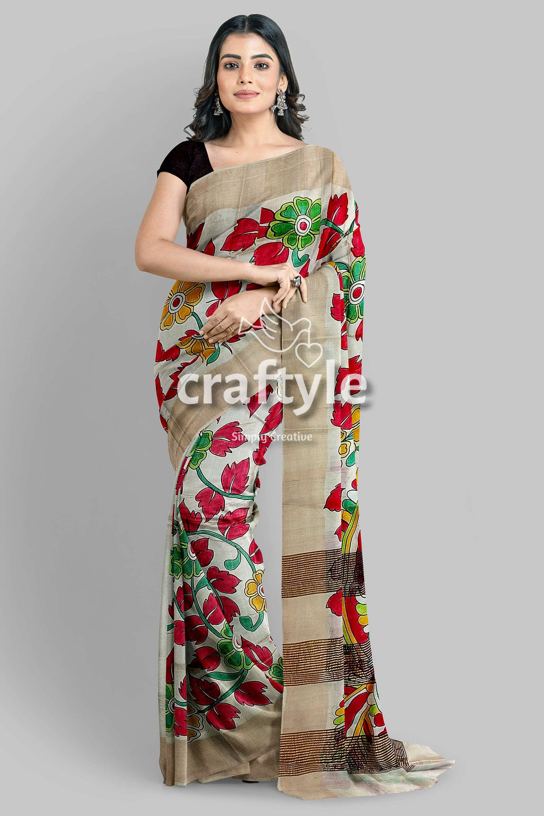 Hand Painted Pure Tussar Kalamkari Saree with Zari Border - Red Leaf Design - Craftyle