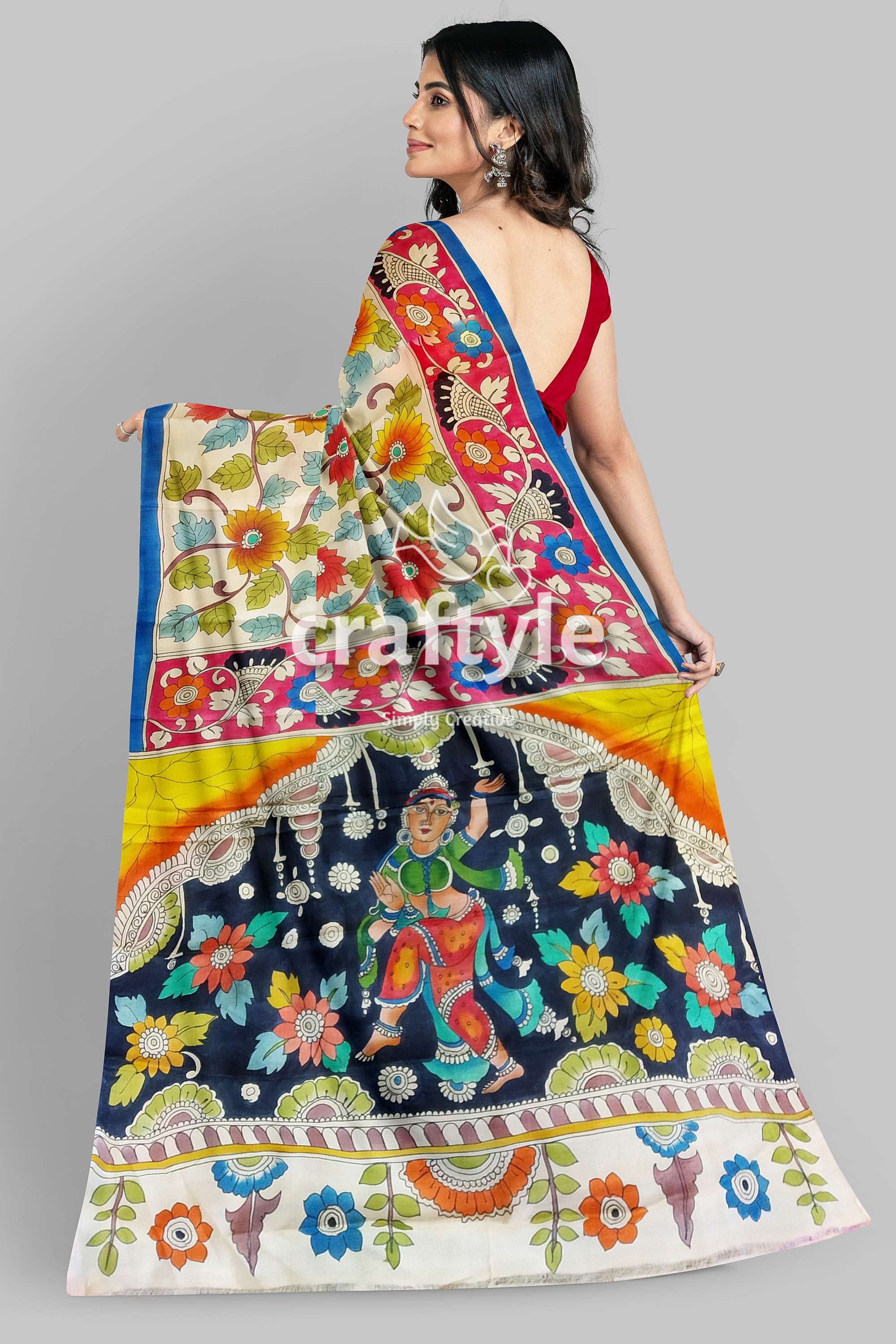 Hand Painted Pure Tussar Kalamkari Sari with Zari Border - Ancient Figure Motif - Craftyle