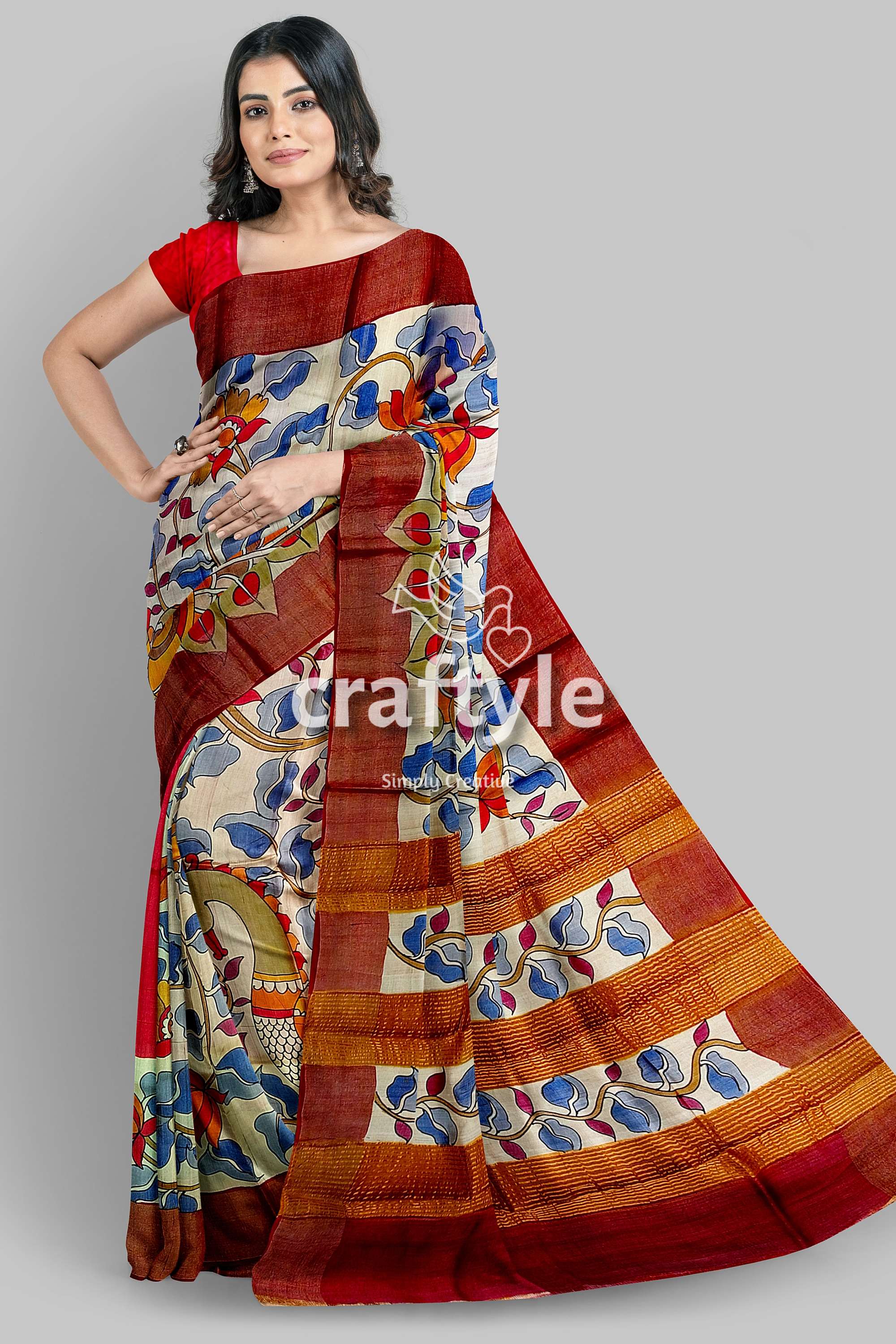 Pure Bishnupuri Tussor Silk With Zari Boder Hand Painted popular Work All Over The Sasree