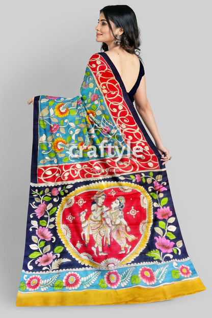 Hand Painted Radha Krishna Design Pure Tussar Silk Saree - Kalamkari Design - Craftyle