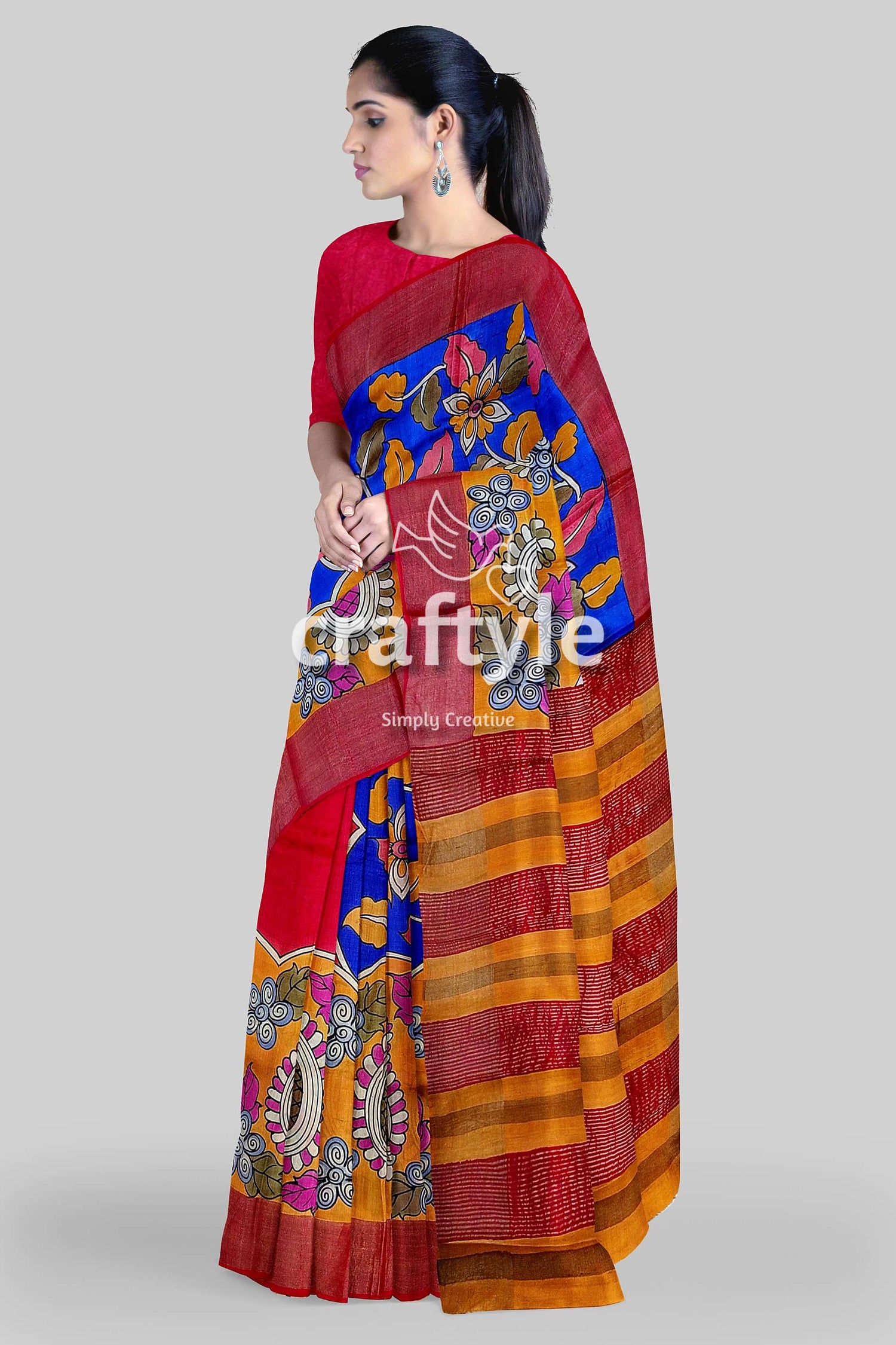 Hand-Painted Red and Blue Pure Tussar Kalamkari Saree with Zari Border - Craftyle