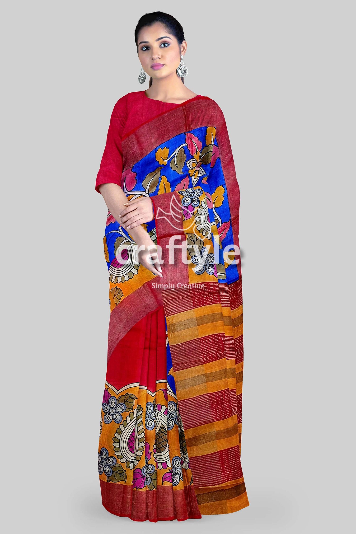 Hand-Painted Red and Blue Pure Tussar Kalamkari Saree with Zari Border - Craftyle