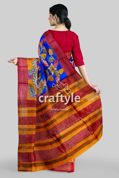 Hand-Painted Red and Blue Pure Tussar Kalamkari Saree with Zari Border - Craftyle