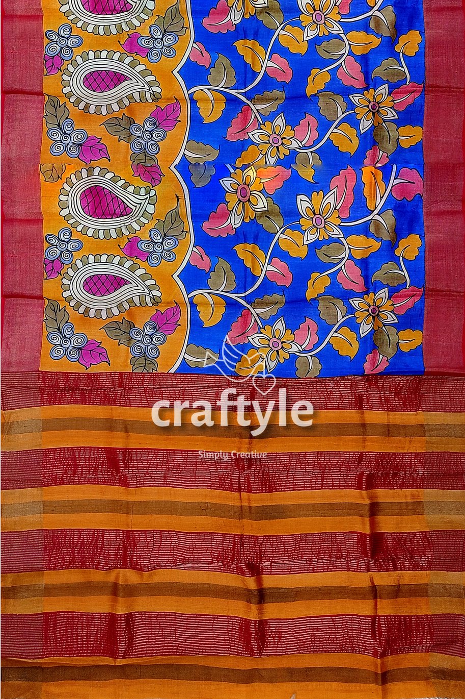 Hand-Painted Red and Blue Pure Tussar Kalamkari Saree with Zari Border - Craftyle