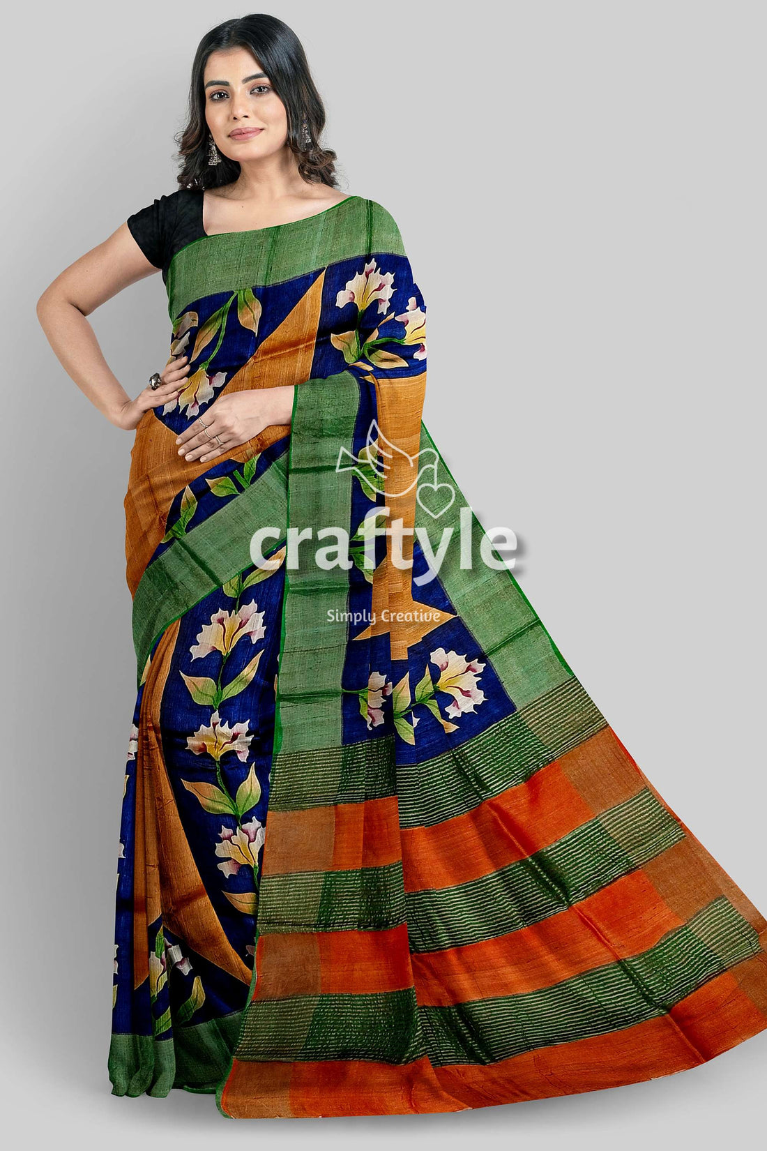 Hand Painted Ruddy Brown and Blue Pure Tussar Saree with Zari Embellishments - Craftyle