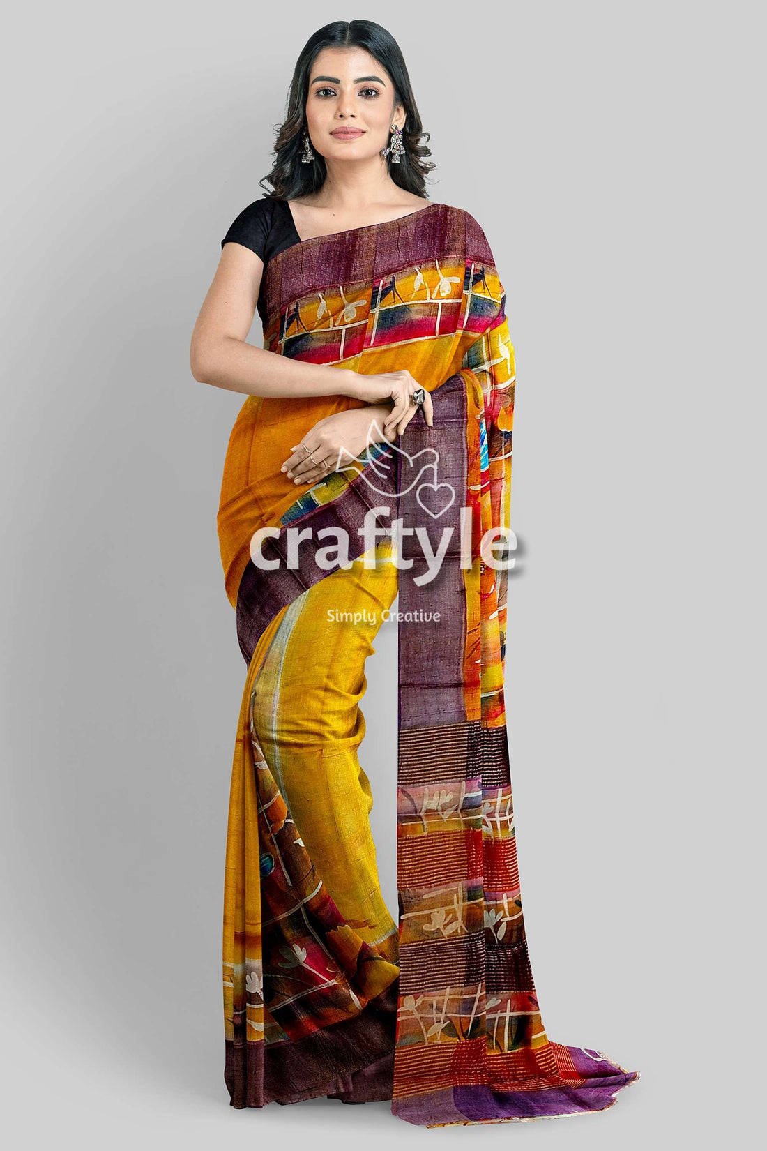 Hand Painted Saffron Yellow Zari Tussar Silk Saree - Pure Elegance - Craftyle