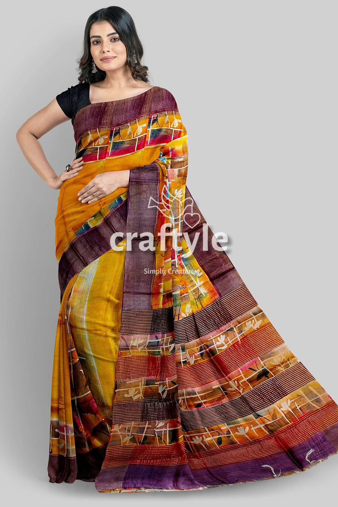 Hand Painted Saffron Yellow Zari Tussar Silk Saree - Pure Elegance - Craftyle