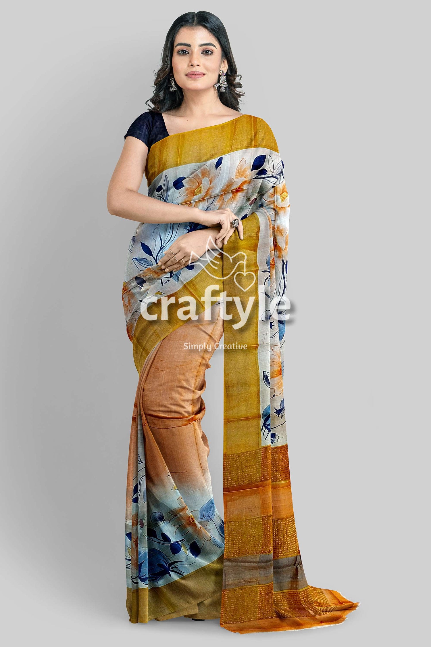 Hand Painted White Floral Pure Tussar Silk Saree with Zari Detail - Craftyle