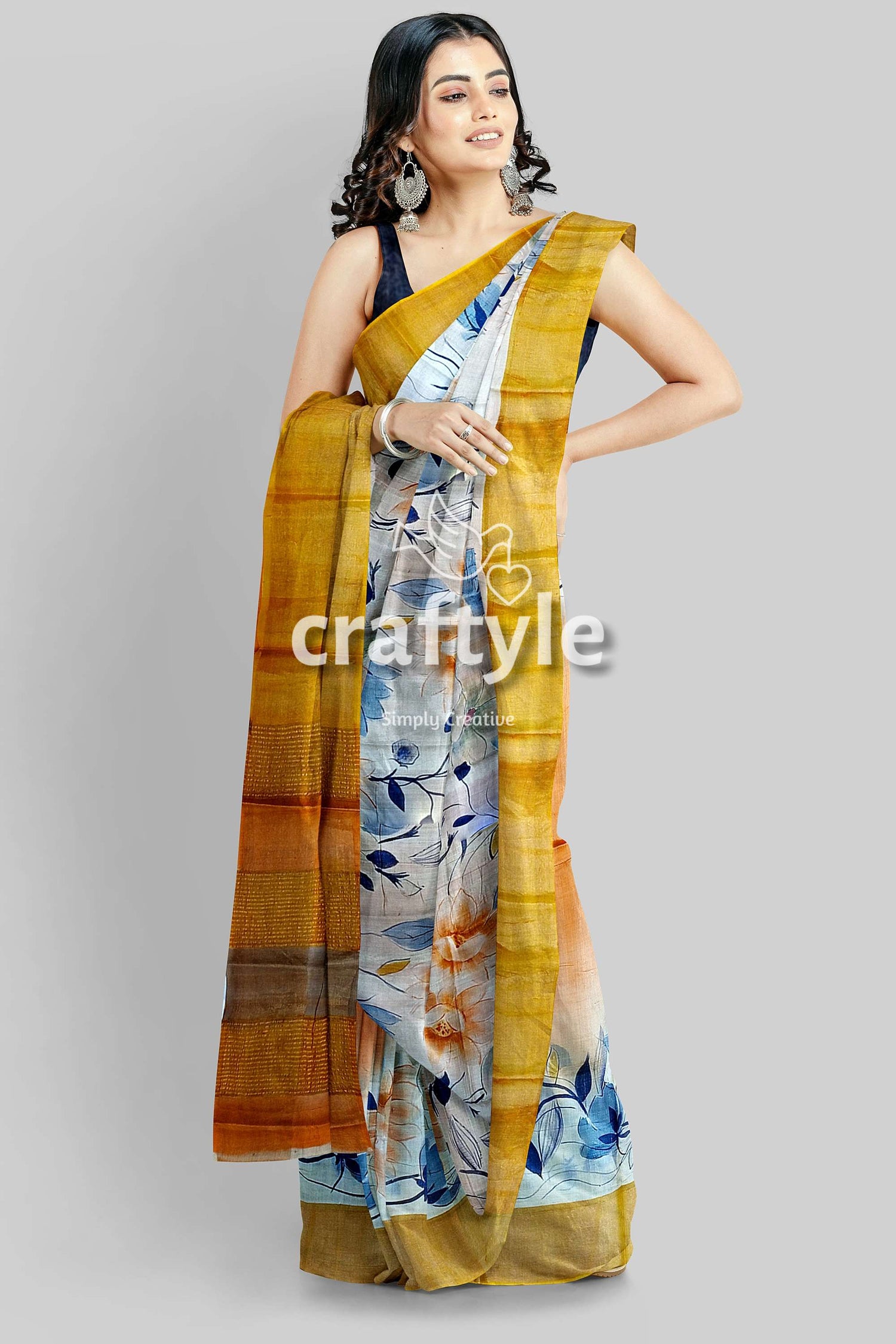 Hand Painted White Floral Pure Tussar Silk Saree with Zari Detail - Craftyle