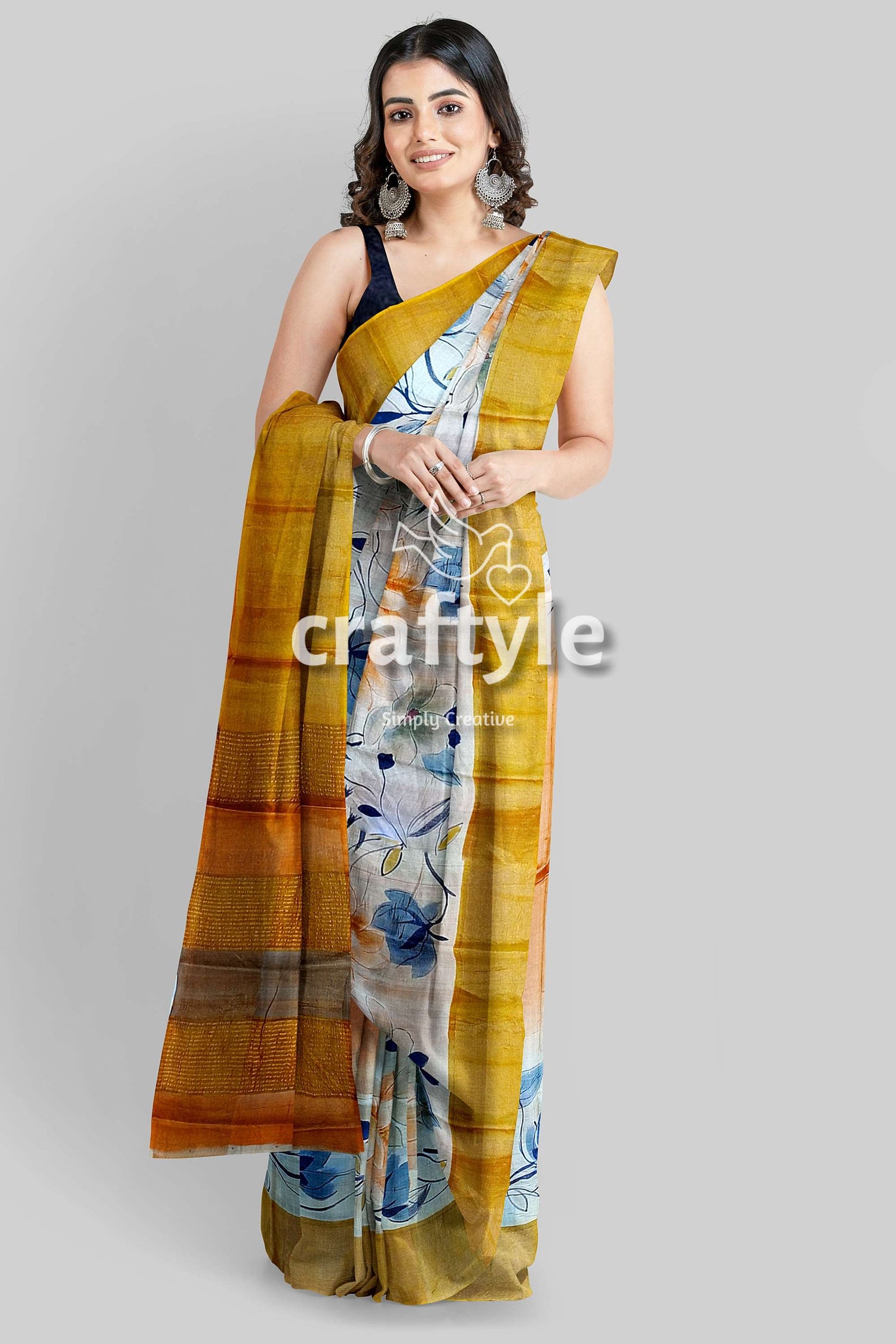 Hand Painted White Floral Pure Tussar Silk Saree with Zari Detail - Craftyle