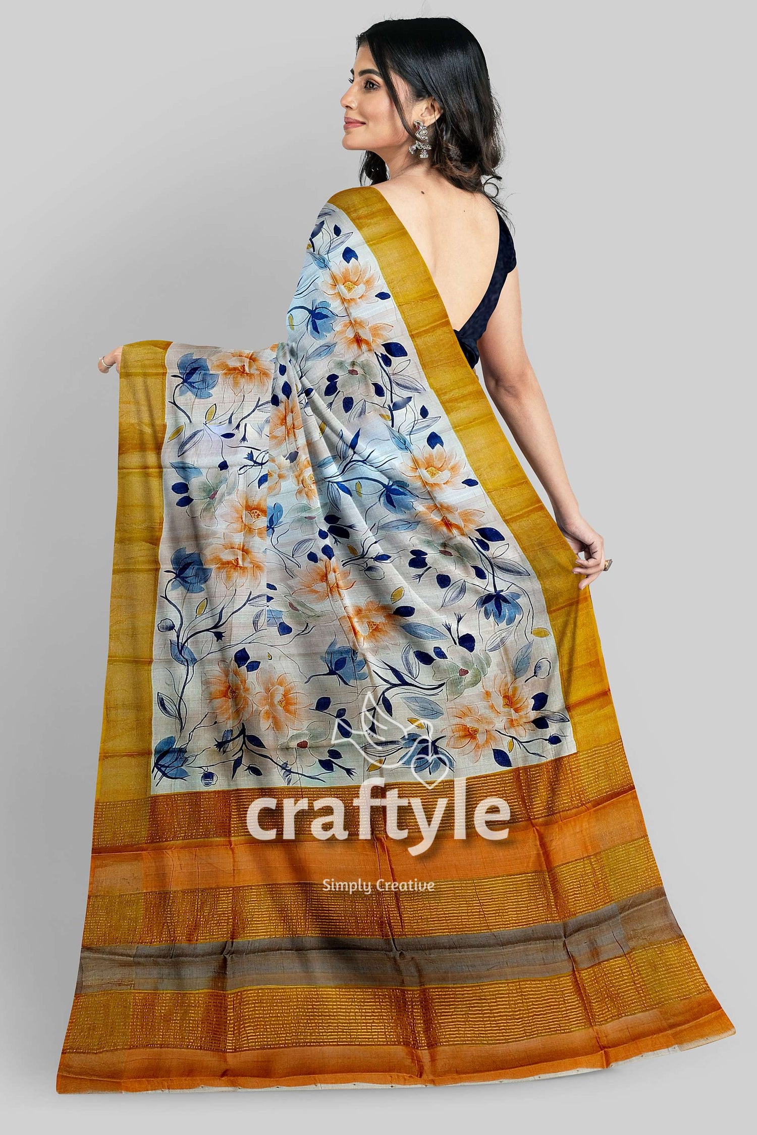 Hand Painted White Floral Pure Tussar Silk Saree with Zari Detail - Craftyle