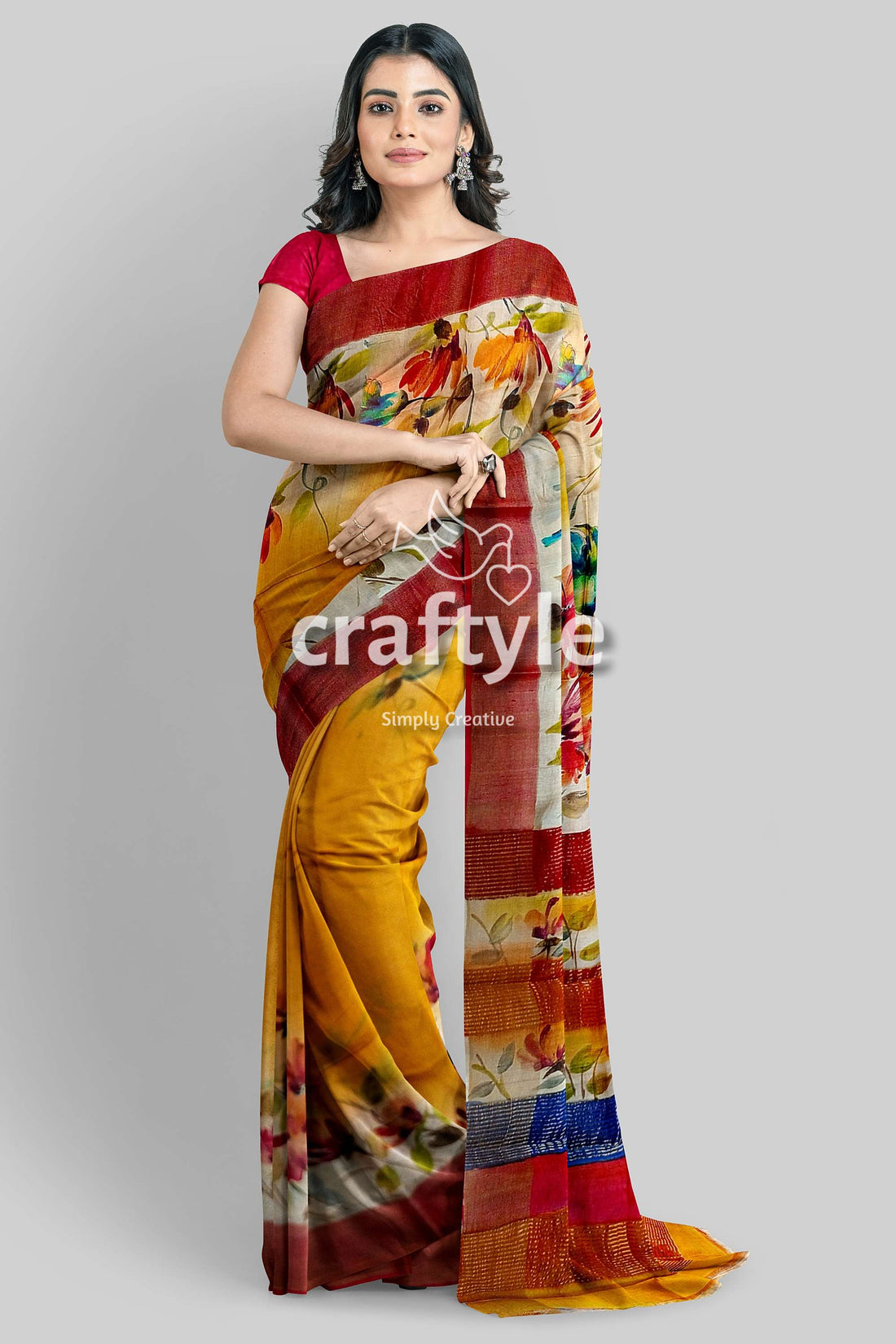 Hand Painted Yellow Orange Floral Zari Tussar Saree - Pure Tussar Fabric - Craftyle