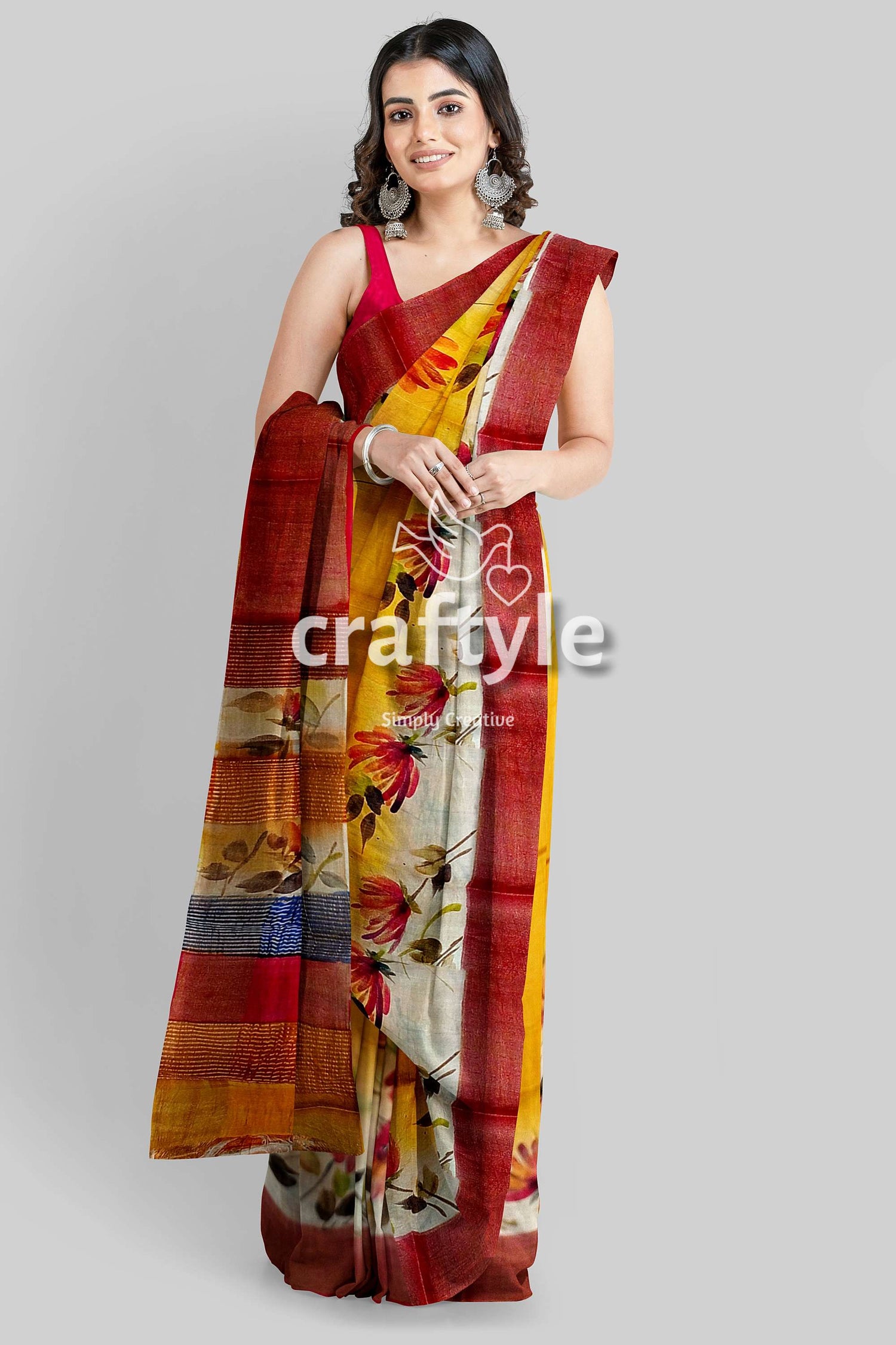 Hand Painted Yellow Orange Floral Zari Tussar Saree - Pure Tussar Fabric - Craftyle